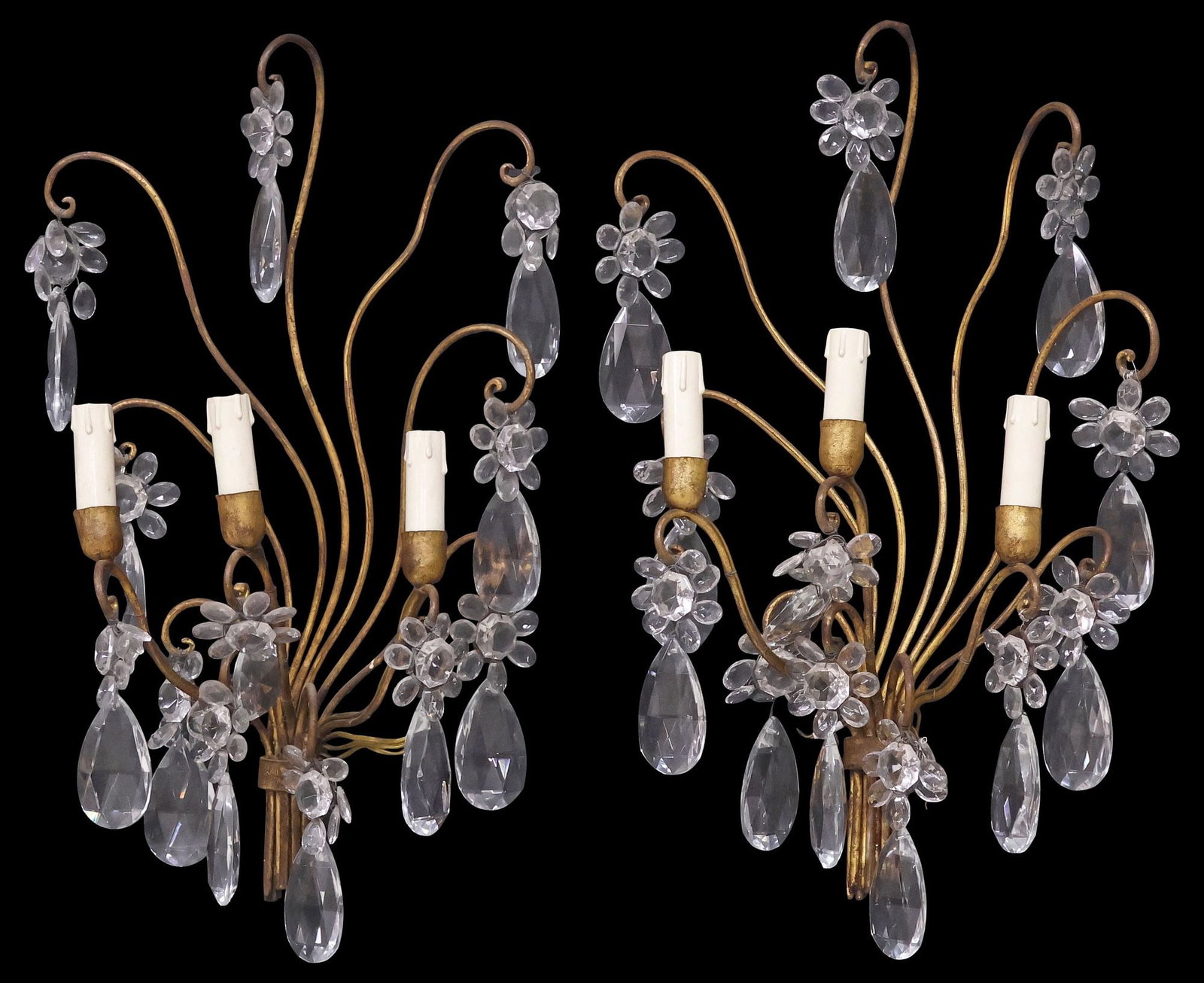 (2) MAISON BAGUES STYLE GILT IRON & CRYSTAL FOLIATE 3-LIGHT WALL SCONCES (1 of 3)