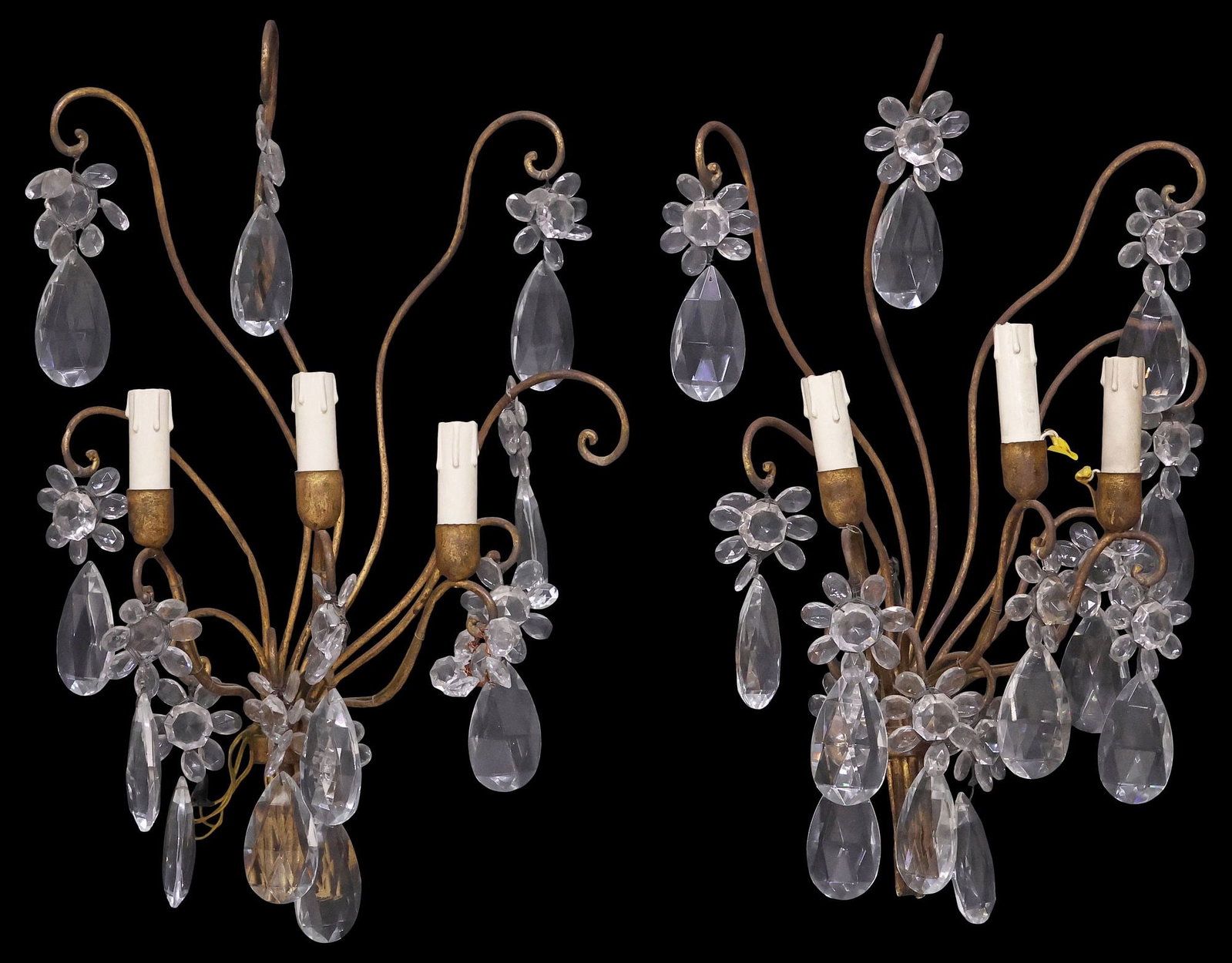(2) MAISON BAGUES STYLE GILT IRON & CRYSTAL FOLIATE 3-LIGHT WALL SCONCES (1 of 3)