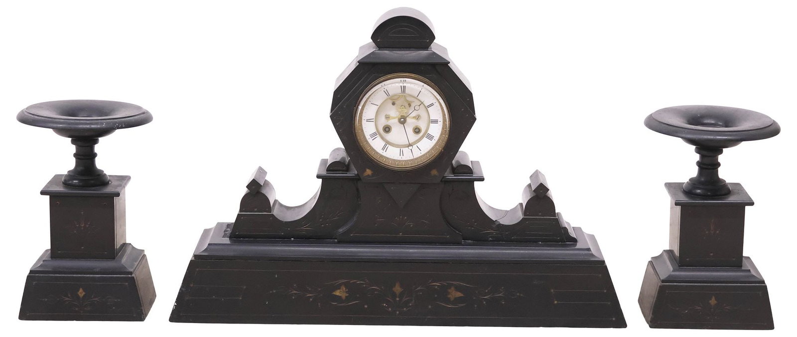 (3) LARGE FRENCH NAPOLEON III SLATE MANTEL CLOCK & TAZZA GARNITURE SET (1 of 7)