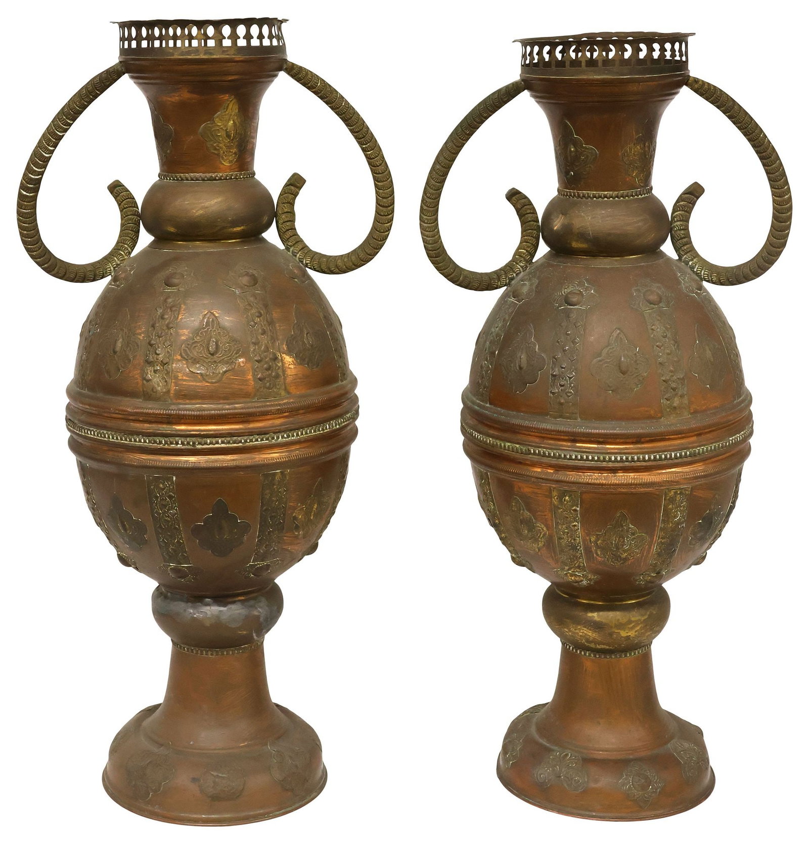 (2) LARGE MOROCCAN COPPER & BRASS HANDLED URNS / VASES, 28"H (1 of 6)