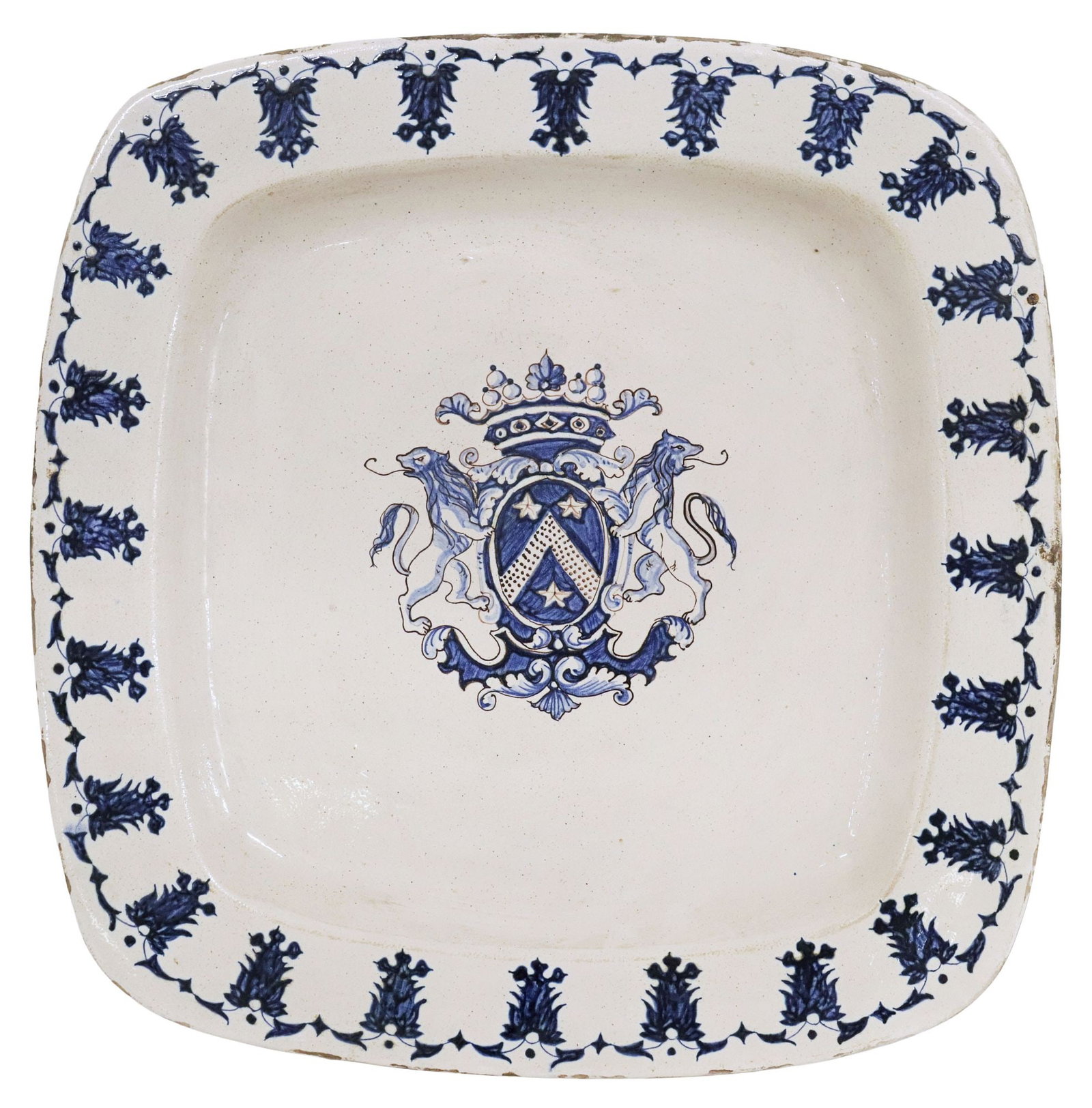 LARGE ITALIAN BLUE & WHITE MAJOLICA ARMORIAL CHARGER (1 of 2)