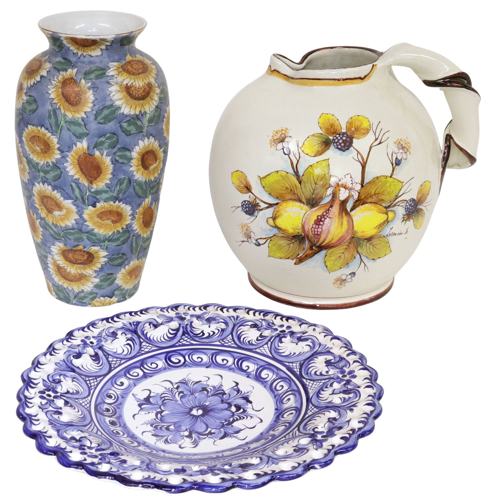 (3) MAJOLICA PITCHER, FAIENCE CHARGER & PORCELAIN VASE (1 of 6)