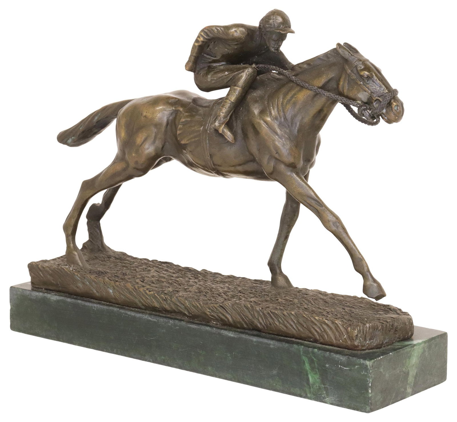 PATINATED BRONZE EQUESTRIAN SCULPTURE ON MARBLE BASE, JOCKEY & HORSE (1 of 5)