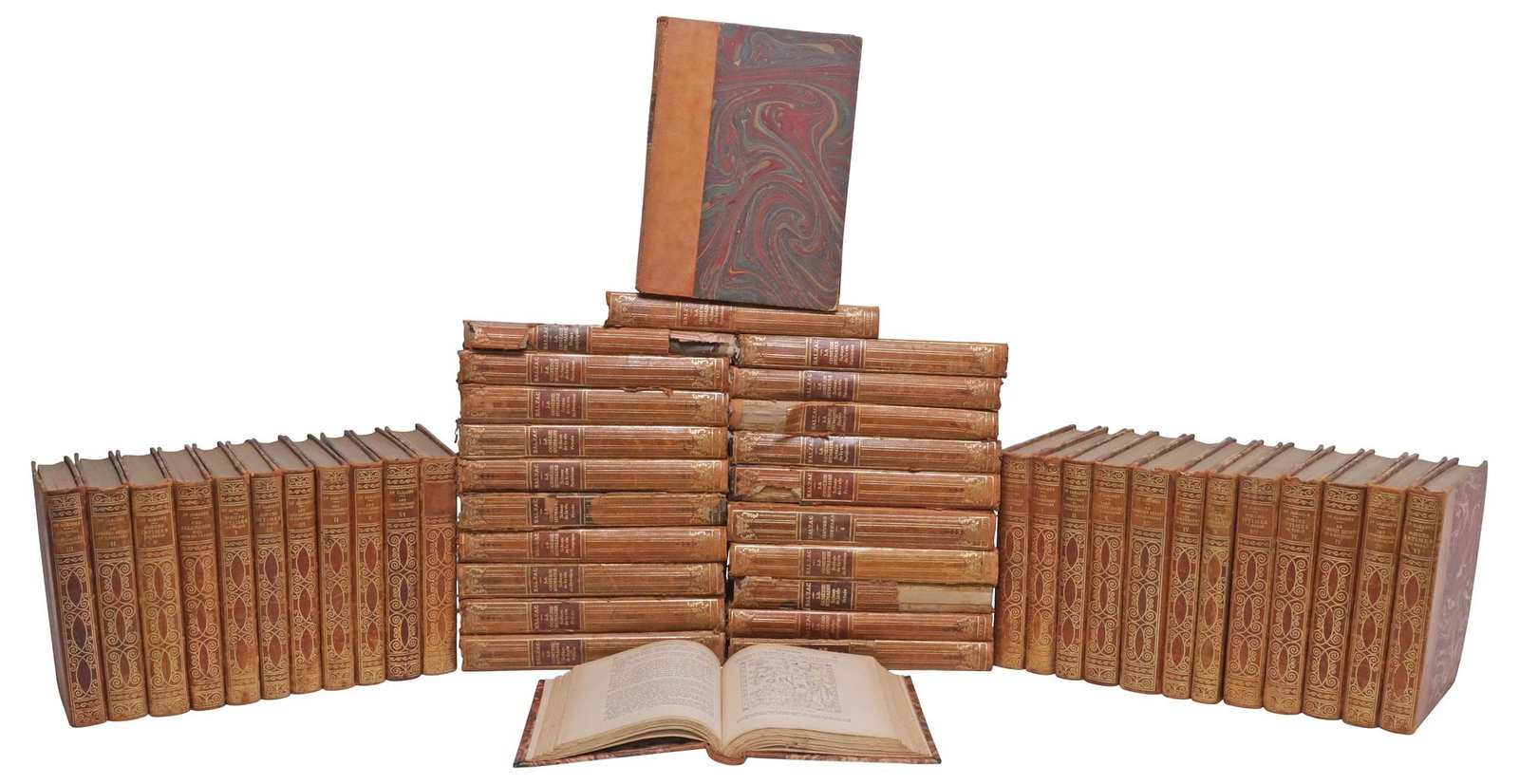 (46) FRENCH LEATHER-BOUND LIBRARY SHELF BOOKS, BALZAC & CABANES: (lot of 46) French library shelf books, various medical history, mystery, and literature, all with gilt-embossed tan leather binding and marbleized covers, "Docteur Gauthier, Telephone 202, Ler Raincy
