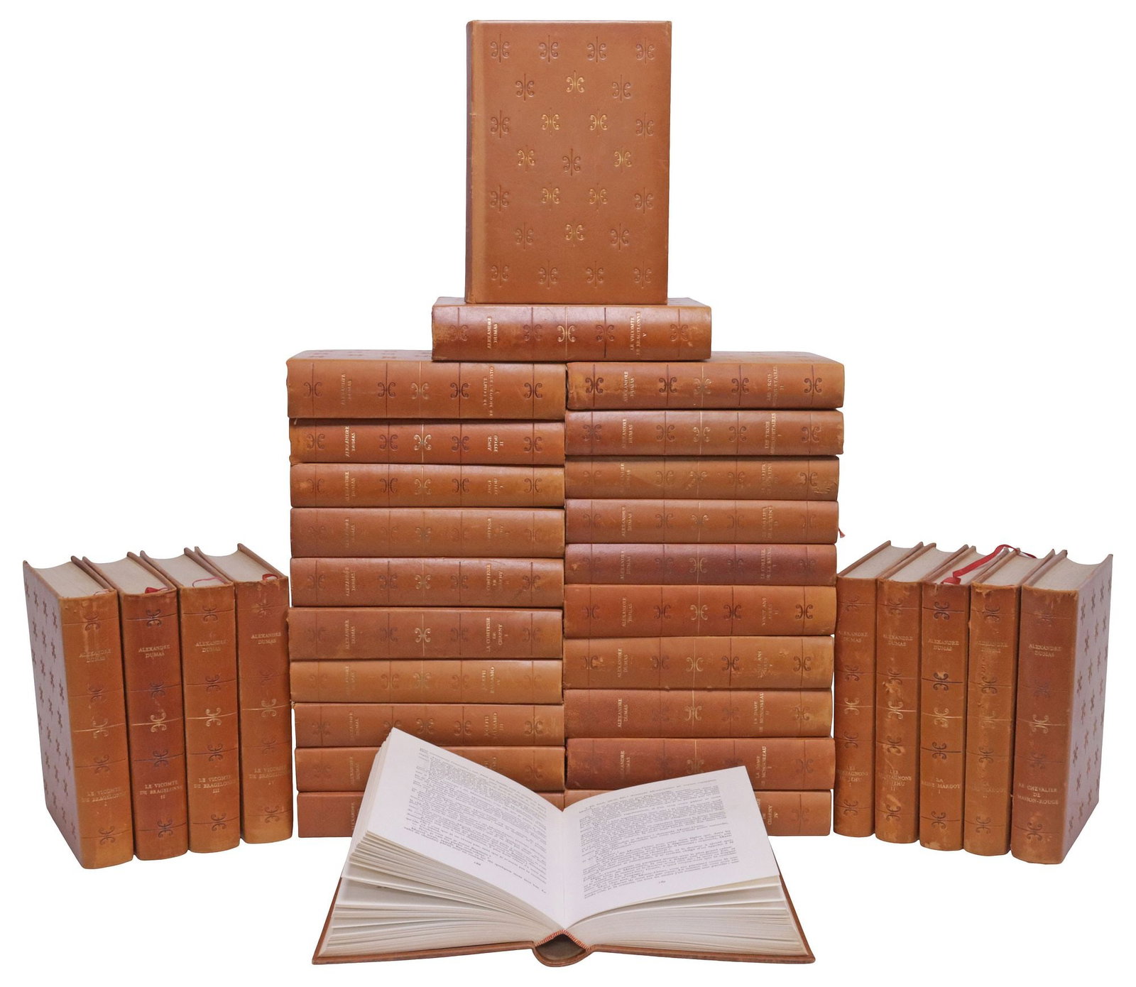 (32) FRENCH LEATHER-BOUND LIBRARY SHELF BOOKS, WORKS OF ALEXANDRE DUMAS (1 of 4)