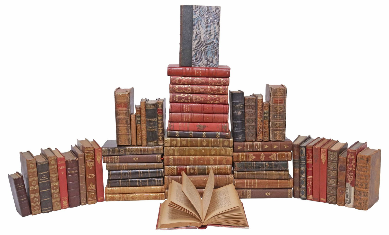 (58) FRENCH LEATHER-BOUND LIBRARY SHELF BOOKS, LITERATURE & NON-FICTION: (lot of 58) French library shelf books, various history, literature, religion subjects and periodicals, most with gilt-embossed leather binding, many with marbleized covers and varied ex libris stamps