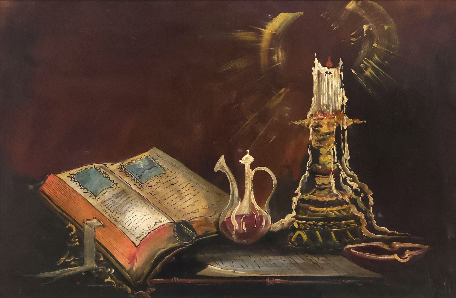 ITALIAN SCHOOL OLEOGRAPH ON CANVAS, STILL LIFE WITH BOOK & CANDLE: Framed Italian School oleograph print with embellishment on canvas, Still Life with Burning Candlestick and Open Book, signed in print lower right A Rotti?, CIDA (Centro Internazionale Diffusione Arte