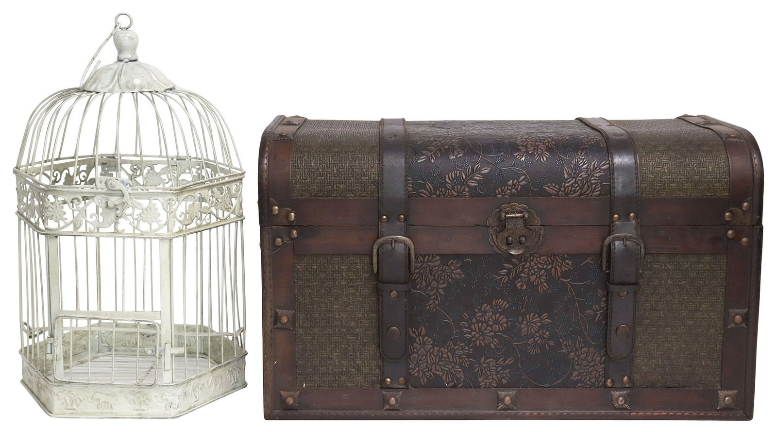 (2) SMALL LEATHER-CLAD STORAGE TRUNK & WROUGHT IRON BIRD CAGE: (lot of 2) Decorative storage chest and bird cage, 20th c., including: (1) small leather-clad trunk/ coffer, having domed and hinged top, revealing open interior, with dual side handles, stitched leat