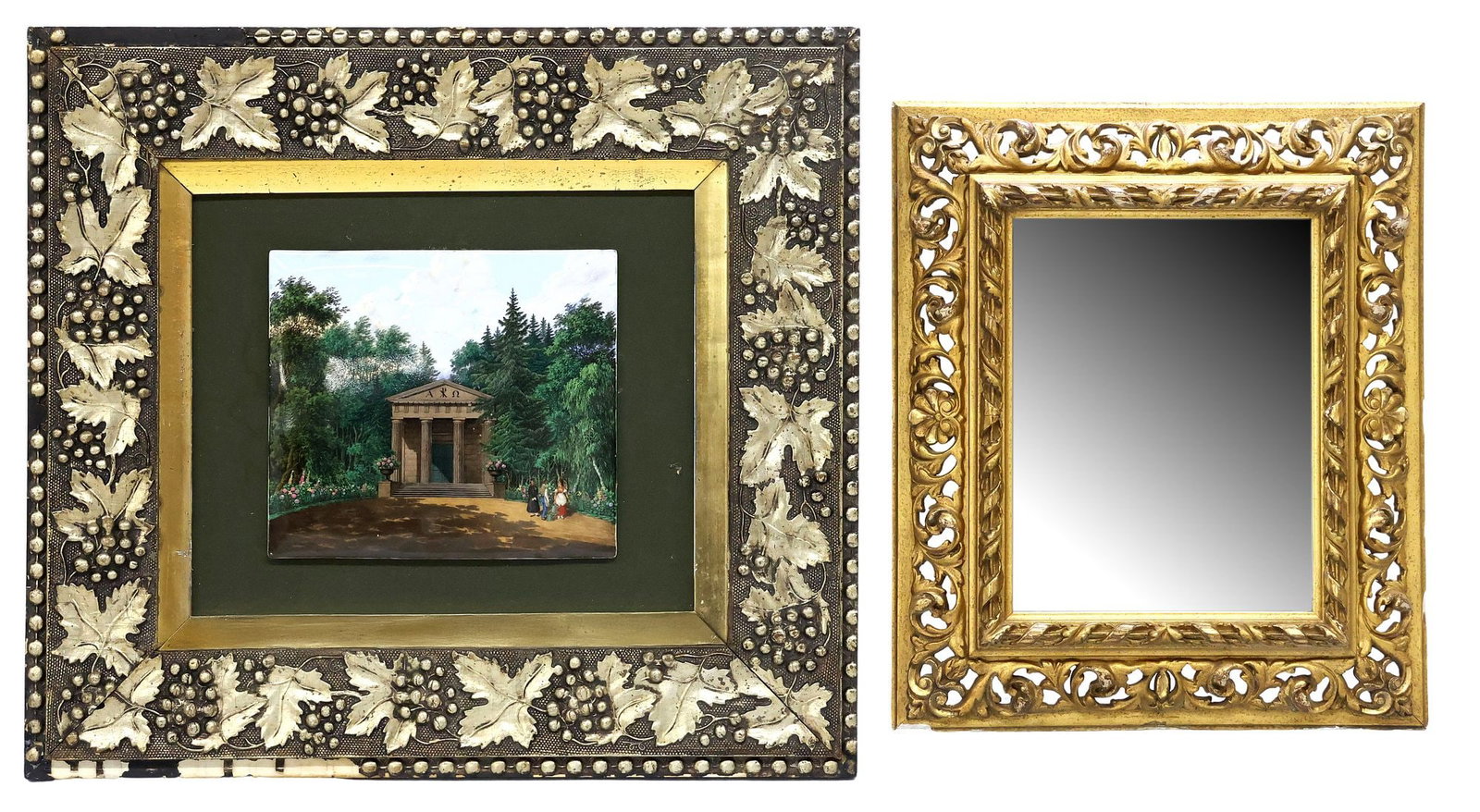 (2) BAROQUE-STYLE GILTWOOD MIRROR & FRAMED PORCELAIN PLAQUE (1 of 4)