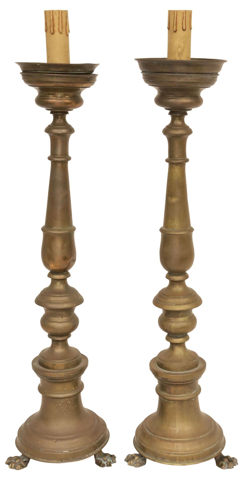 (2) ITALIAN BRASS CANDLE PRICKETS NOW AS 1-LIGHT TABLE LAMPS, 28"H (1 of 4)