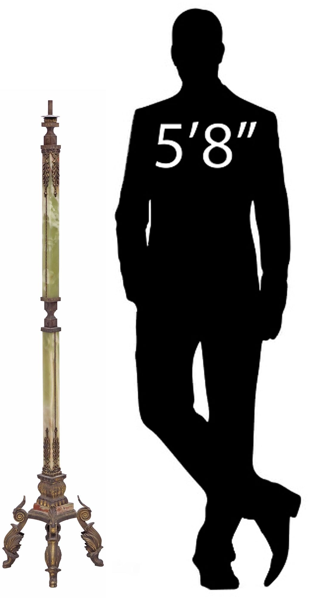 ITALIAN GILT-METAL & ONYX FLOOR LAMP BASE: Italian gilt-metal and onyx single-light floor lamp, early 20th c., having foliate mounts and accents, four scrolled legs, terminating on paw feet, in need of socket and wiring, lower o