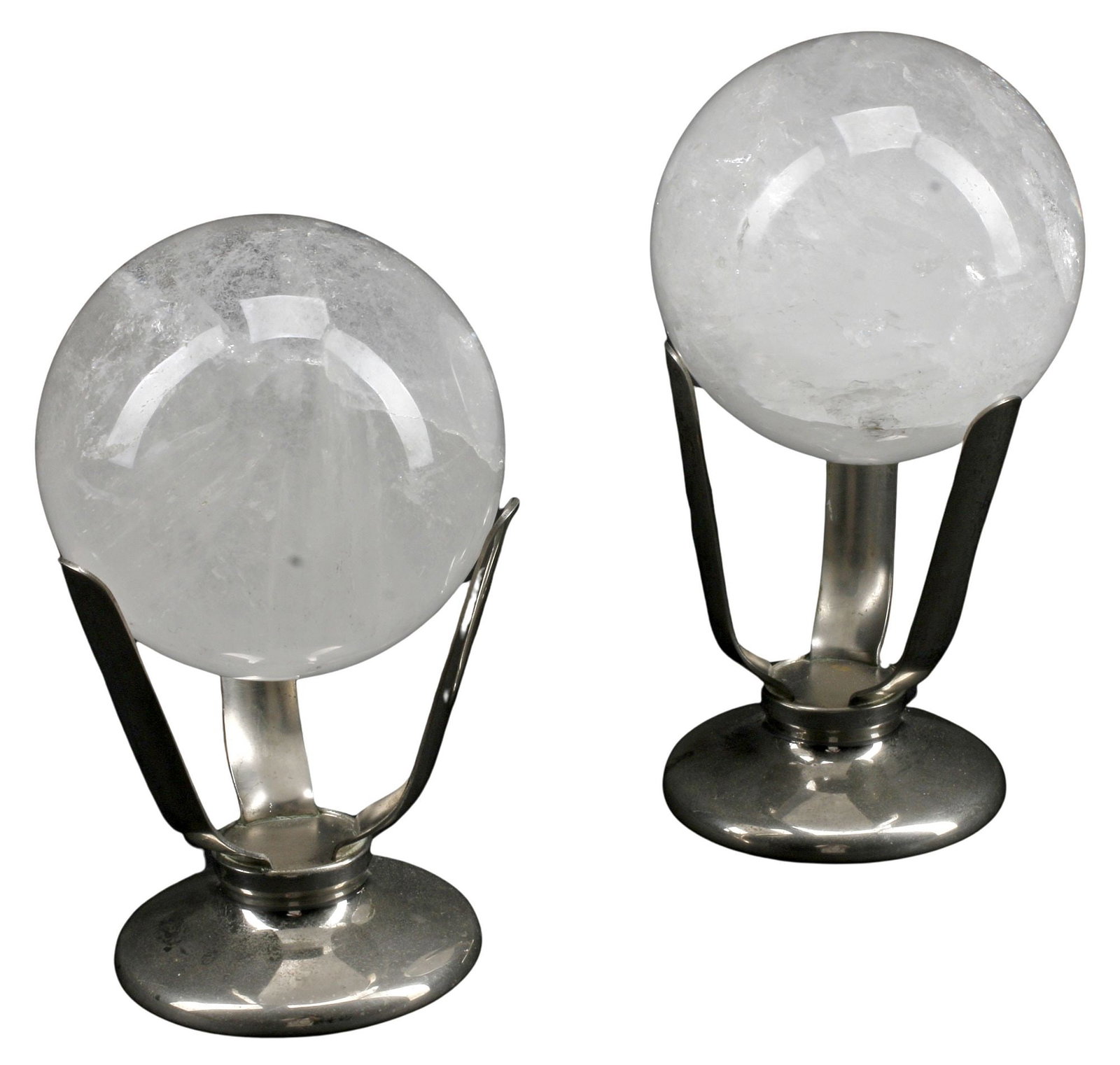 (2) ROCK CRYSTAL SPHERES ON SILVERPLATE BASES, 8.5"H (1 of 6)