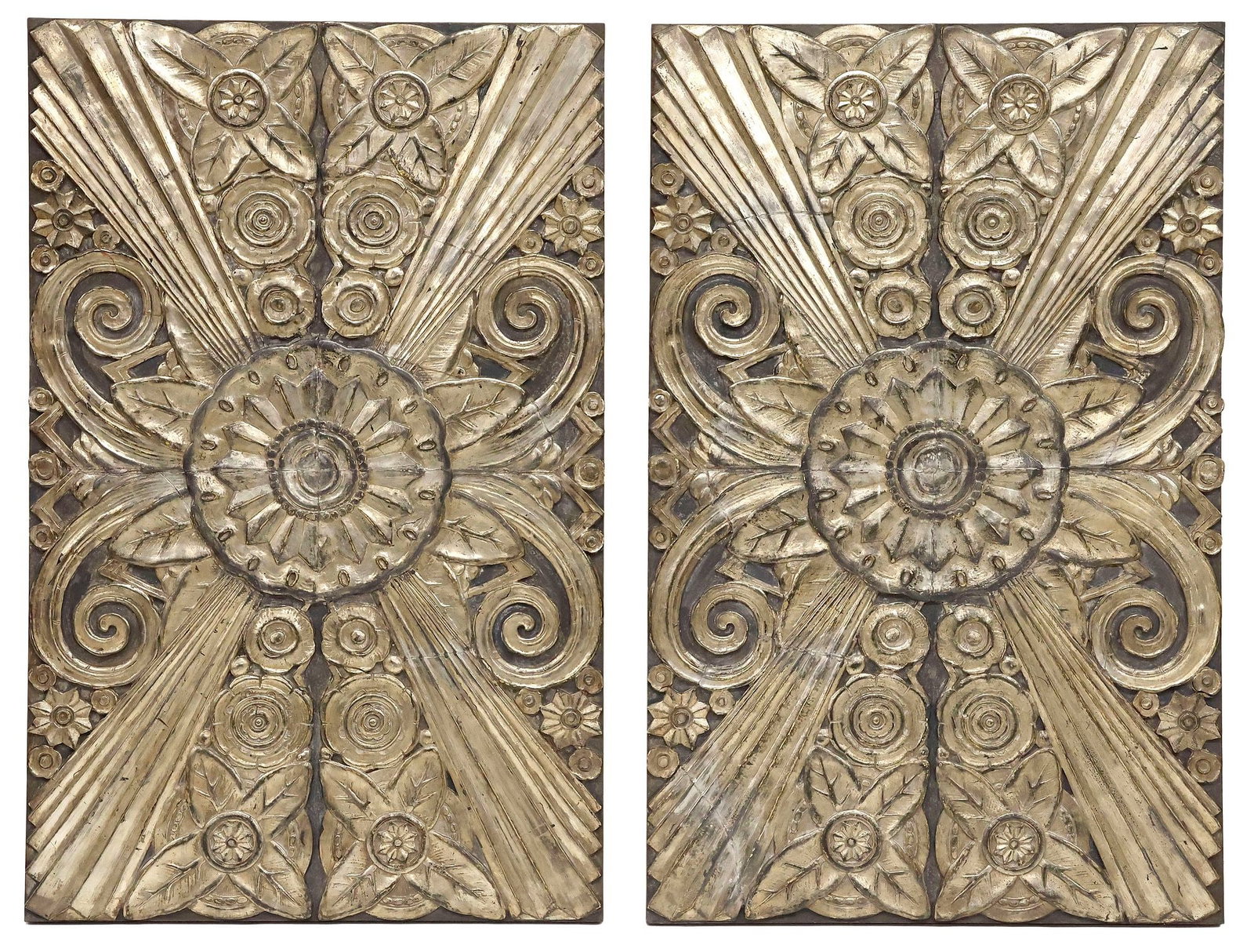 (2) ART DECO STYLE ARCHITECTURAL SILVER GILT-PAINTED SUNBURST WALL PANELS (1 of 5)