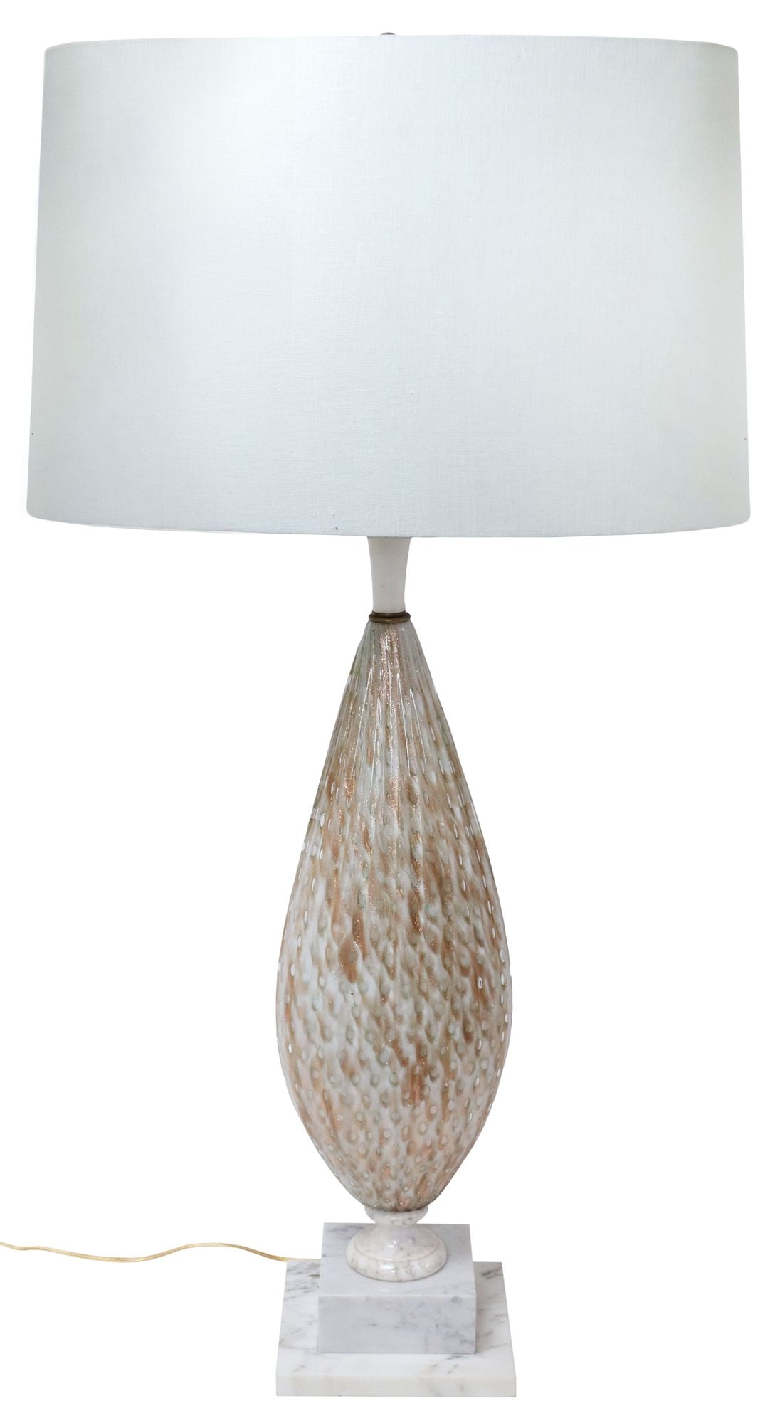 LARGE MURANO AVENTURINE GLASS VASIFORM 1-LIGHT TABLE LAMP, 42"H: Large Murano art glass single-light table lamp, 20th c., having flared alabaster top, above fluted tapering body with aventurine gold fleck inclusions, rising on stepped marble base, accompanied by fa