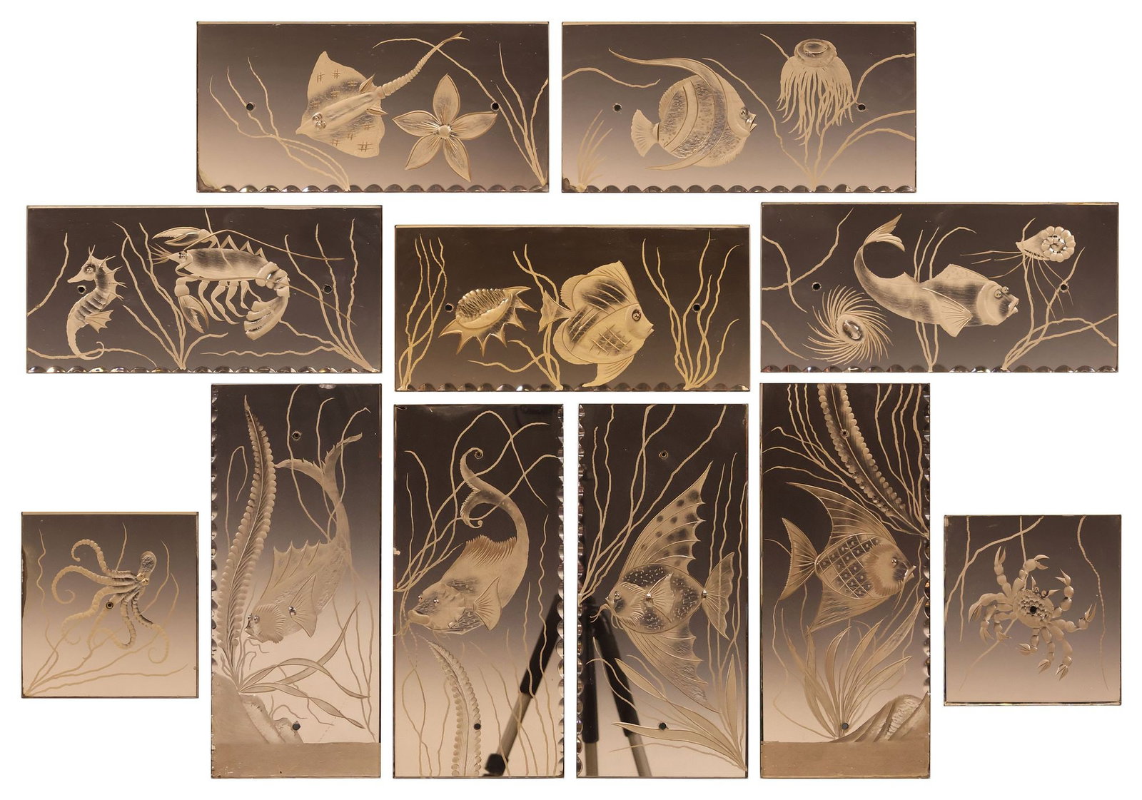 (11) ETCHED & TINTED MIRRORED GLASS 'MARINE LIFE' WALL PANELS: (lot of 11) Etched and copper-tinted mirrored glass wall panels, 20th c., each of a unique design featuring various marine animals including octopus, stingray, and tropical fish amongst aquatic vegeta