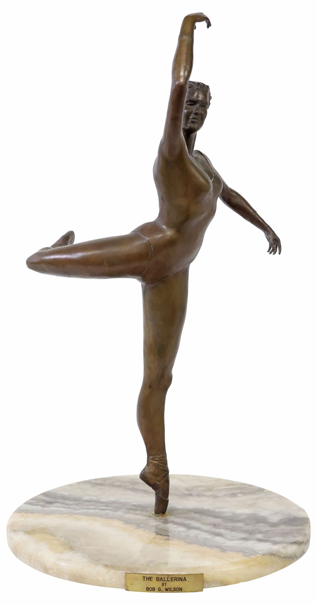 BOB G. WILSON (20TH C.) BRONZE SCULPTURE ON MARBLE BASE, BALLERINA: Patinated bronze sculpture, The Ballerina, by Bob G. Wilson (American, 20th c.), rising on integral rotating marble base, retaining gilt-metal title plaque with artist attribution, apparently unsigned