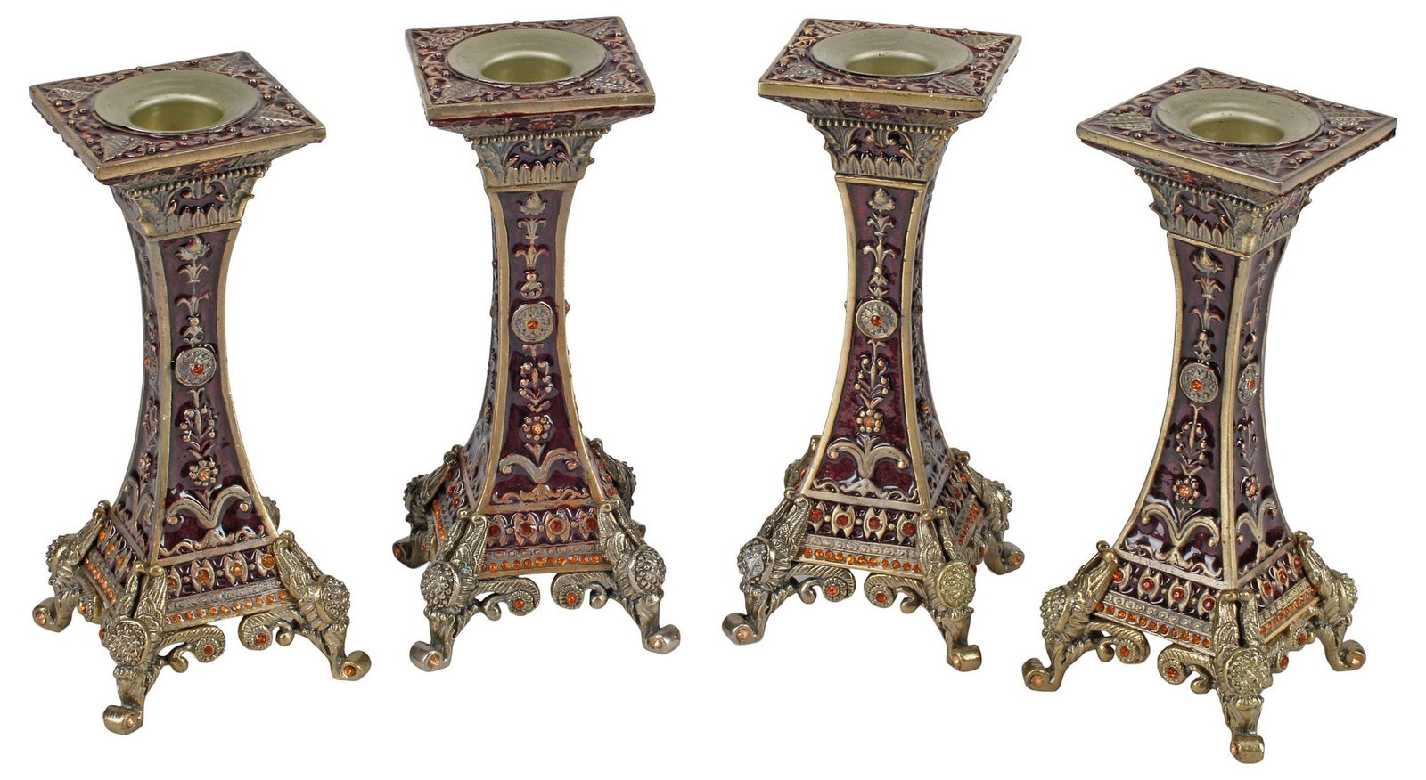 (4) AUSTRIAN-STYLE JEWELED & ENAMELED CANDLESTICKS: (lot of 4) Austrian-style jeweled and enameled candlesticks, each having waisted rectangular body, rising on scrolled feet with winged terminals, approx 6"h, 2.5"w, 2.5"d, 5.5lbs total
