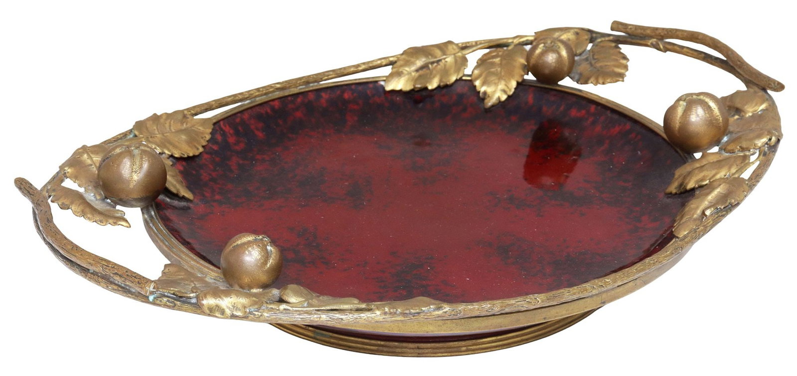 PAUL MILLET (ATTRIB.) SEVRES ORMOLU-MOUNTED PORCELAIN SERVING TRAY: French Sevres porcelain serving dish, attributed to Paul Jean Millet (French, 1870-1950), early 20th c., dual bronze dore handles modeled as foliate branches, with raised fruit motifs, centering circu