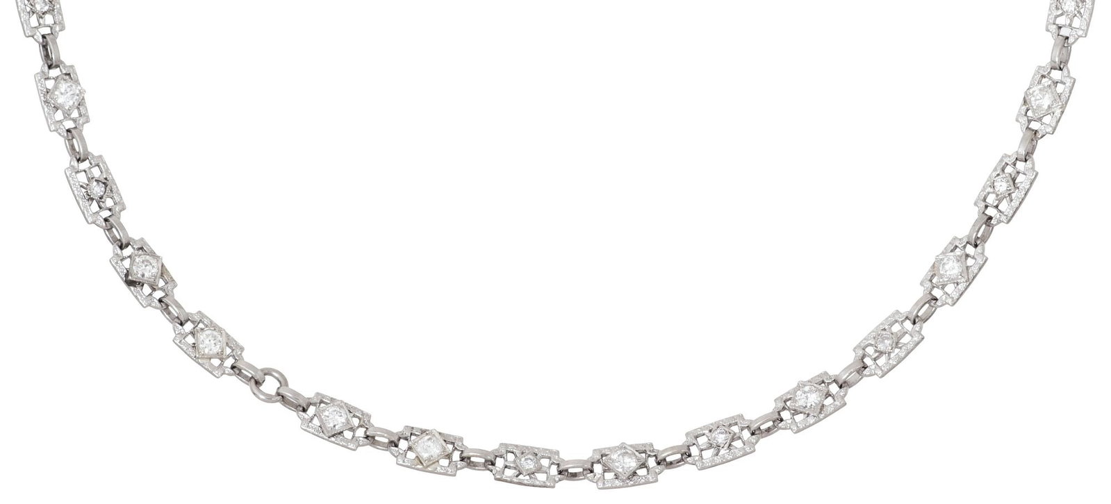 ESTATE ART DECO STYLE 14KT WHITE GOLD MILGRAIN & DIAMOND SET LINK NECKLACE: Estate Art Deco style 14kt white gold and diamond necklace, openwork rectangular milgrain links with central round-cut diamond, framed by small round diamonds, approx 1.01cttw, average color: H-I, ave