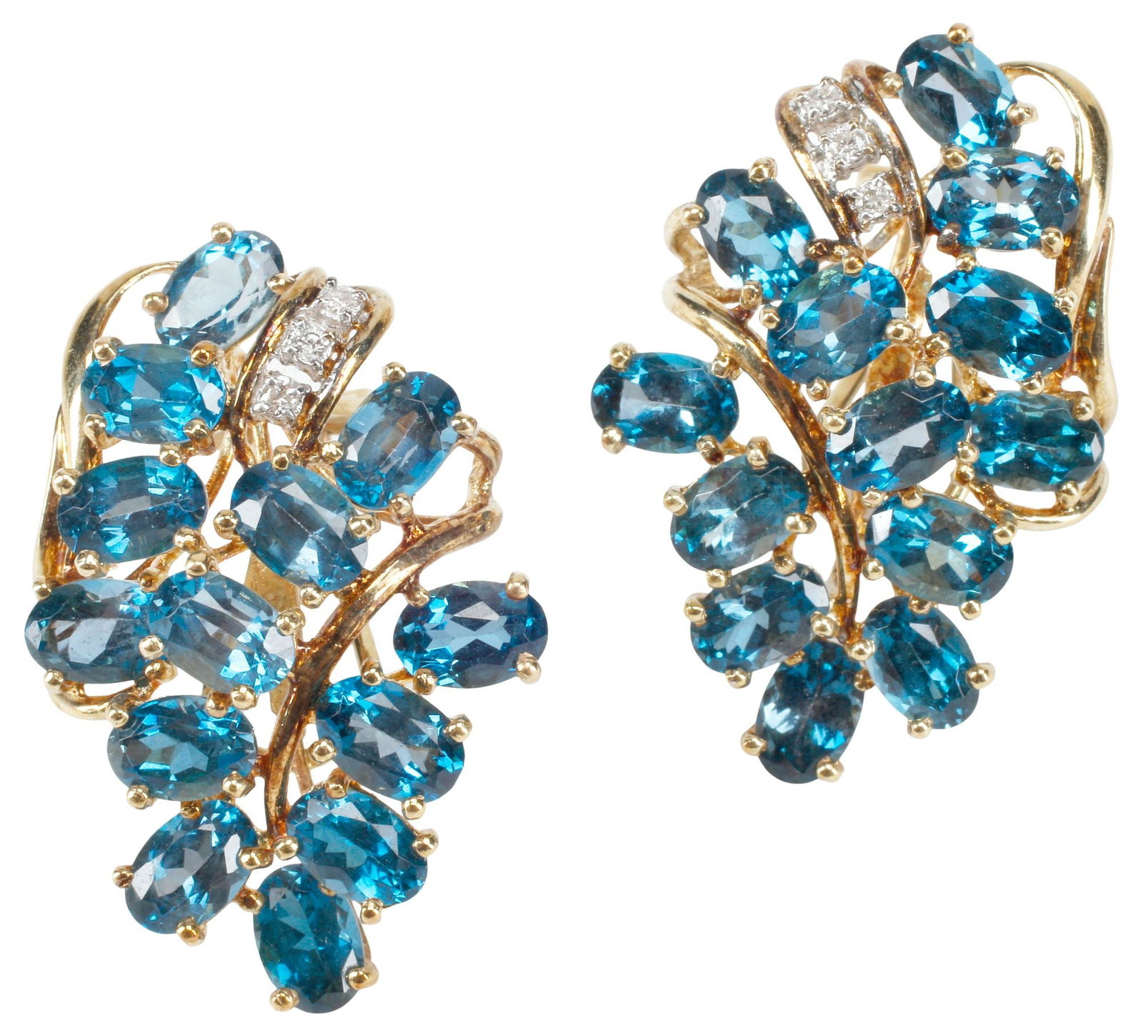 ESTATE 14KT YELLOW GOLD LONDON BLUE TOPAZ & DIAMOND EARRINGS: (pair) Estate 14kt yellow gold earrings, London blue topaz, approx 7.00cttw, accented with small diamonds, post and French clip backs, hallmarked 14K 585, maker's mark S. Hau (?), slight bend to post,