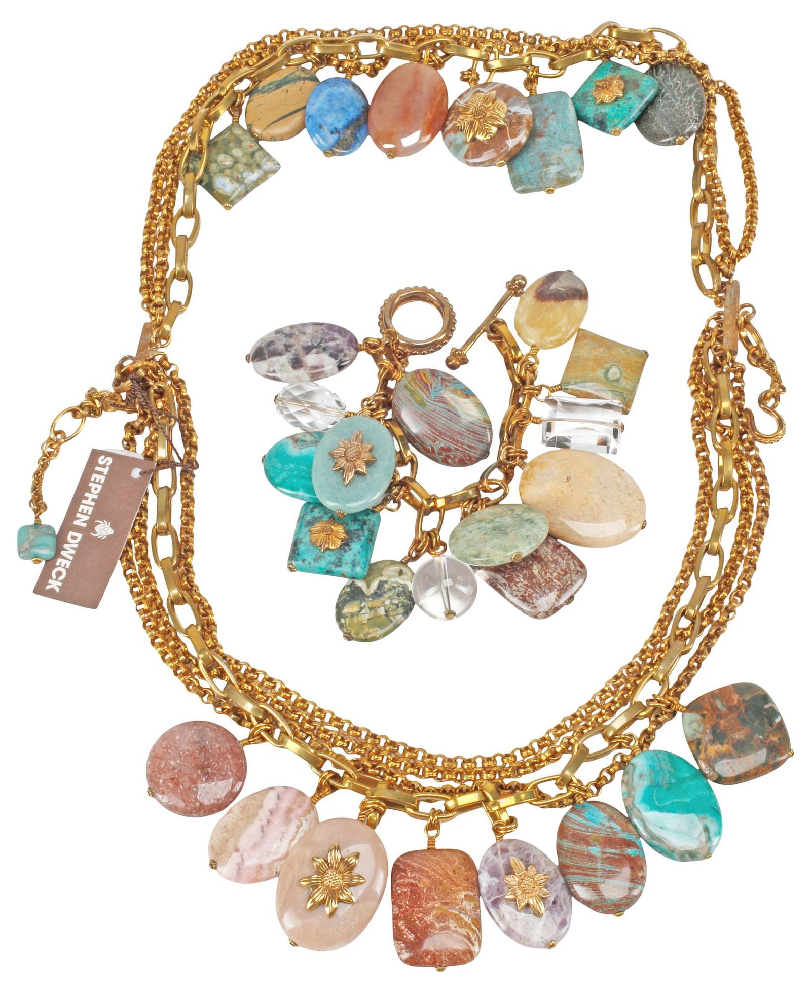 (2) ESTATE DESIGNER STEPHEN DWECK BRONZE-TONE METAL CHARM NECKLACE & BRACELET: (lot of 2) Estate designer bronze-tone metal multi-chain charm set, Stephen Dweck, fashioned with turquoise, smokey crystal, ocean agate, jasper, jade, and aventurine, each with maker's mark, includin