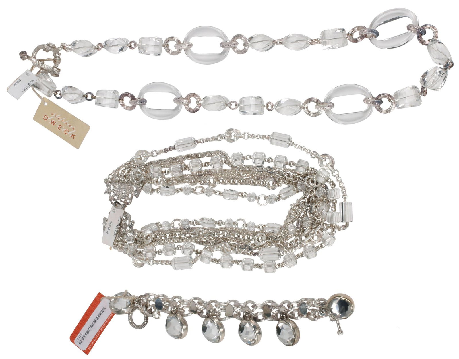 (3) ESTATE DESIGNER STEPHEN DWECK STERLING SILVER & CRYSTAL JEWELRY: (lot of 3) Estate designer sterling silver and quartz crystal jewelry set, Stephen Dweck, each retaining retail tag, including: (1) necklace, with faceted beads and ovular rings, toggle clasp, approx 