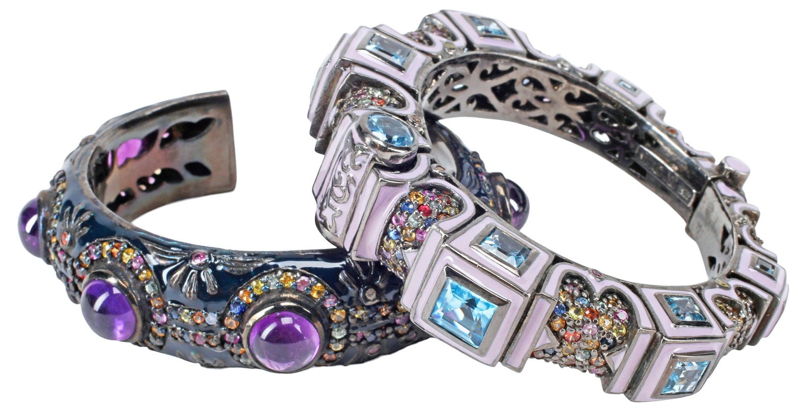 (2) MATTHEW CAMPBELL LAURENZA 925 HINGED BANGLE & CUFF BRACELET: (lot of 2) Estate designer sterling silver bracelets, MCL by Matthew Campbell Laurenza, each accented with multicolor sapphires, amethyst and topaz, (1) hinged bangle, interior: approx 6" circumferenc