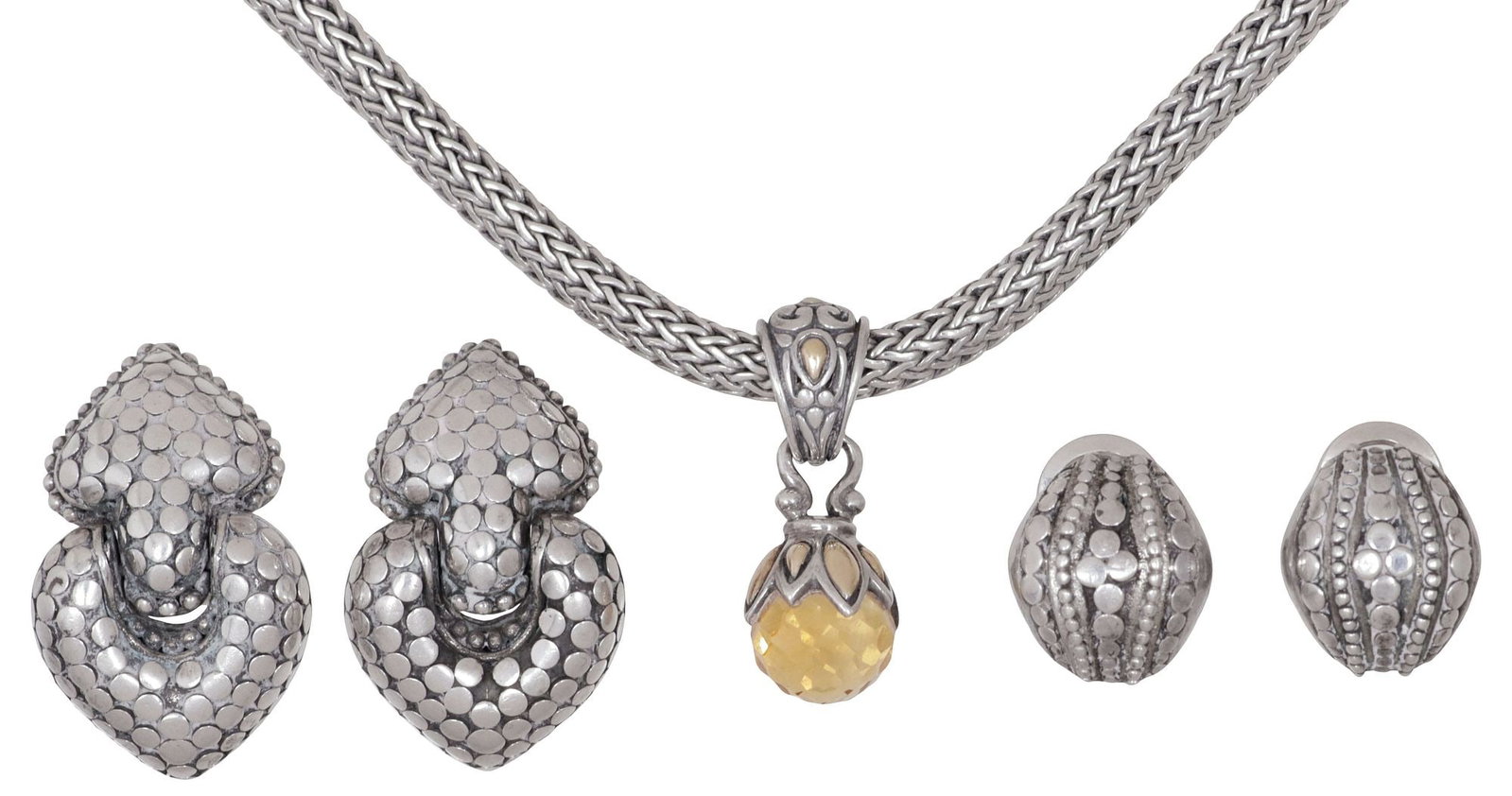 (3) JOHN HARDY STERLING SILVER JEWELRY: CITRINE NECKLACE & 'KALI DOT' EARRINGS: (lot of 3) Estate sterling silver jewelry, John Hardy, including: (1) necklace, slide pendant with 18kt yellow gold accents, suspending faceted berry-form citrine, on wheat chain with button clasp, pe