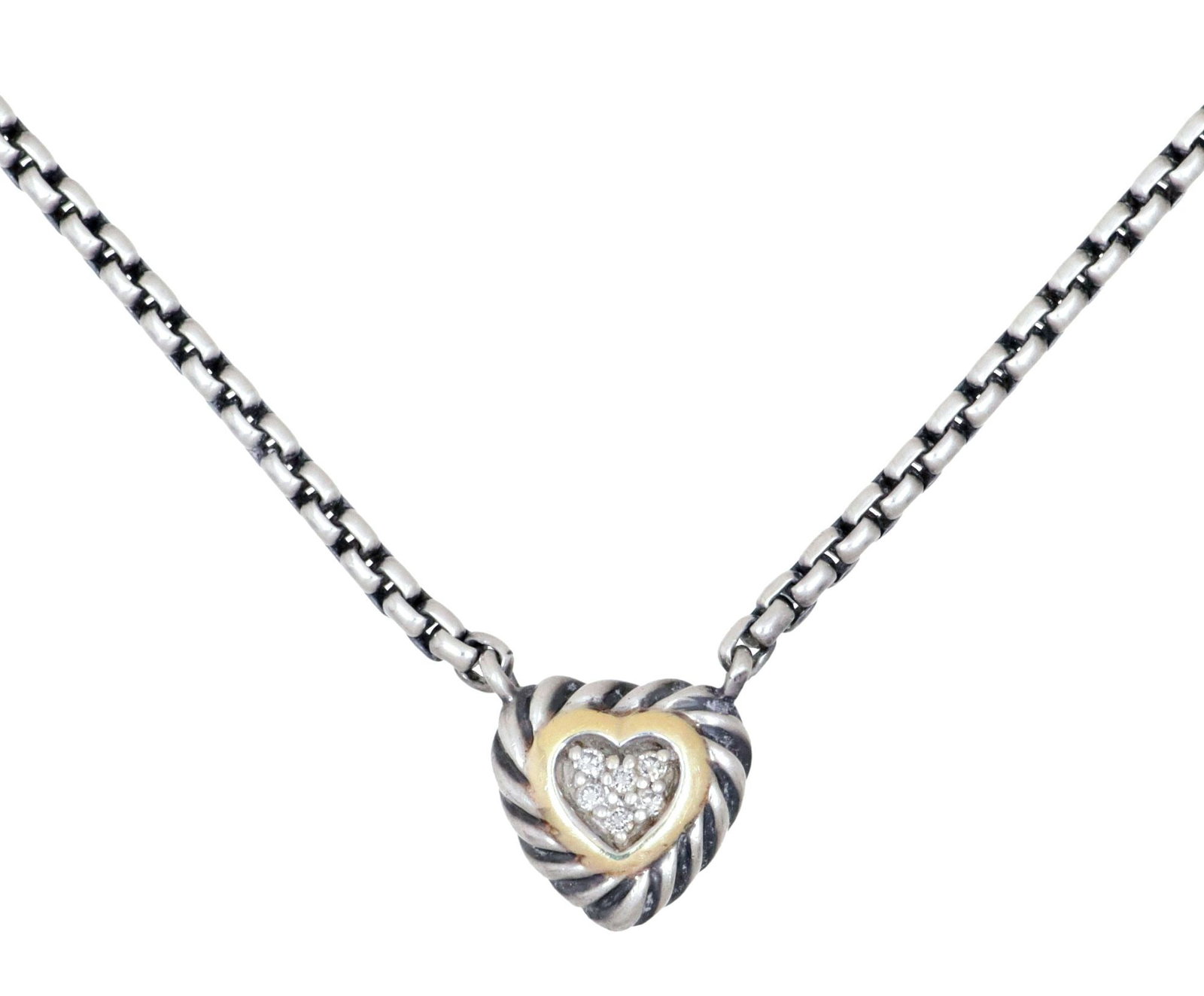 DAVID YURMAN 'PUFFY HEART' STERLING, 18K YELLOW GOLD, & DIAMOND NECKLACE: Estate sterling silver and 18kt yellow "puffy heart" pendant necklace, David Yurman, from the "Cable Collectibles" collection, heart-form pendant with gadrooned edge, centering six small diamonds, on 