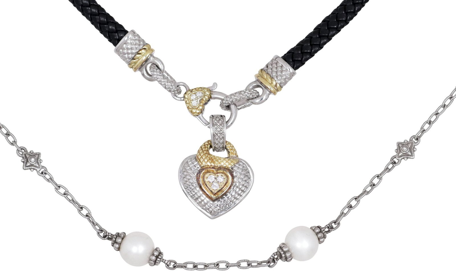 (2) JUDITH RIPKA STERLING SILVER NECKLACES, 1 W/ 18KT YELLOW GOLD & DIAMONDS: (lot of 2) Estate sterling silver necklaces, Judith Ripka, including: (1) corded black leather necklace, from the "Judith Ripka Two" line, 18kt yellow gold accents, frontal lobster claw clasp and hear