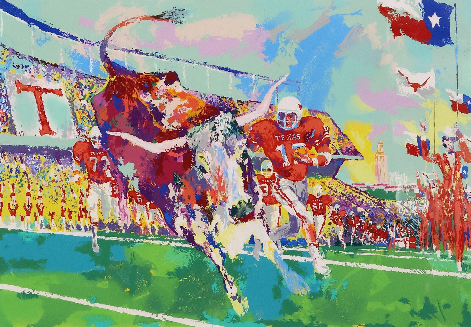 LEROY NEIMAN (AMERICAN, 1921-2012) SERIGRAPH, 'TEXAS LONGHORNS,' 1985: Framed serigraph on Arches paper, "Texas Longhorns," pencil signed lower right LeRoy Neiman (American, 1921-1912), numbered 325/ 500, published by Knoedler Publishing, accompanied by certifi