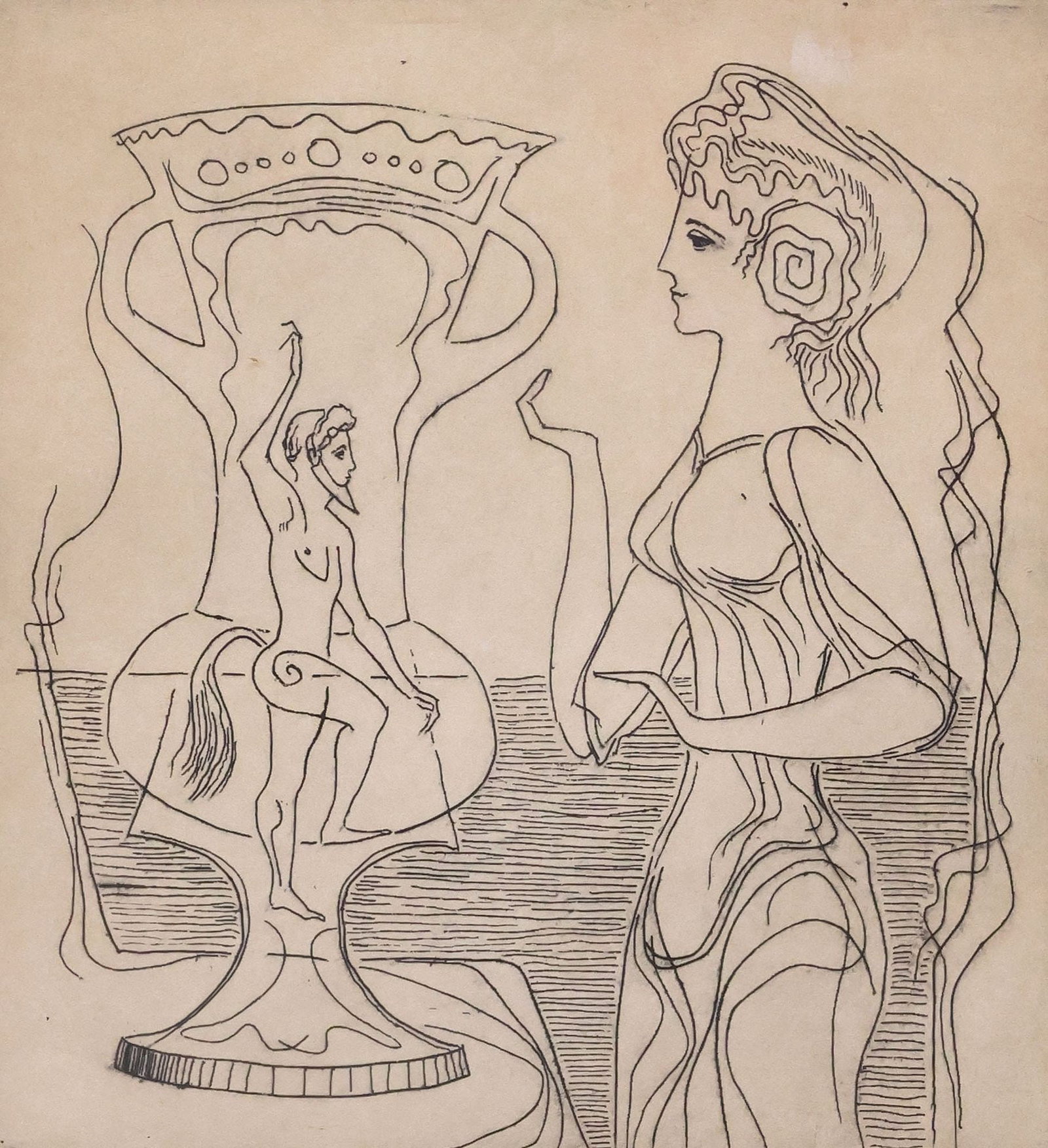BROR ALEXANDER UTTER (TEXAS, D.1993) FORT WORTH CIRCLE ETCHING, 'ETRUSCAN MAIDEN': Framed etching on paper, "Etruscan Maiden," pencil signed lower right Bror Utter (Bror Alexander Utter, Fort Worth, Texas, 1913-1993), numbered 1/ 15, titled in pencil lower left, retaining Mid-Tex Ga
