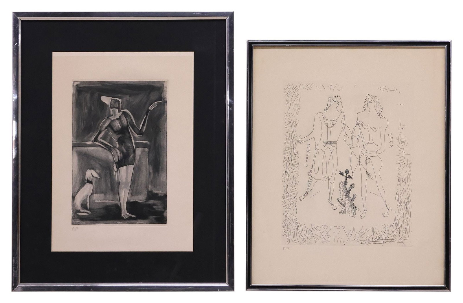 (2) ETCHINGS AFTER GEORGES BRAQUE (D.1963) & GEORGES ROUAULT (D.1958): (lot of 2) Framed etchings on paper, each with spurious number AP (artist's proof), including: (1) "Eros and Eurybia," after Georges Braque (French, 1882-1963), sight: approx 20.75"h, 16.75"w, overall