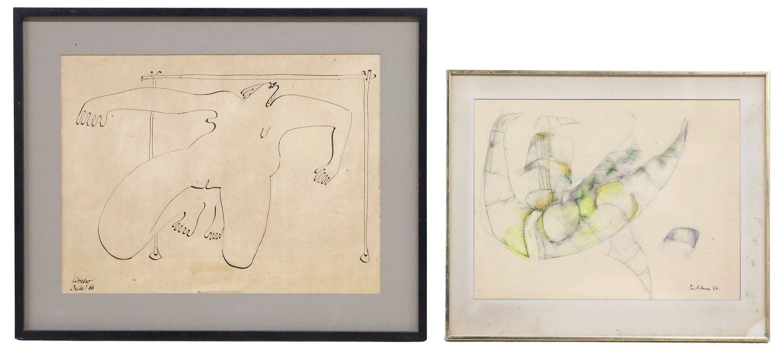 (2) MODERNIST SIGNED DRAWINGS, 'LIMBO' FIGURE & ABSTRACT COMPOSITION: (lot of 2) Framed drawings on paper, including: (1) graphite and oil pastel, Abstract Sculptural Composition, signed lower right Pal Hamon?, dated [19]64, overall toning to sheet, foxing to mat, sight