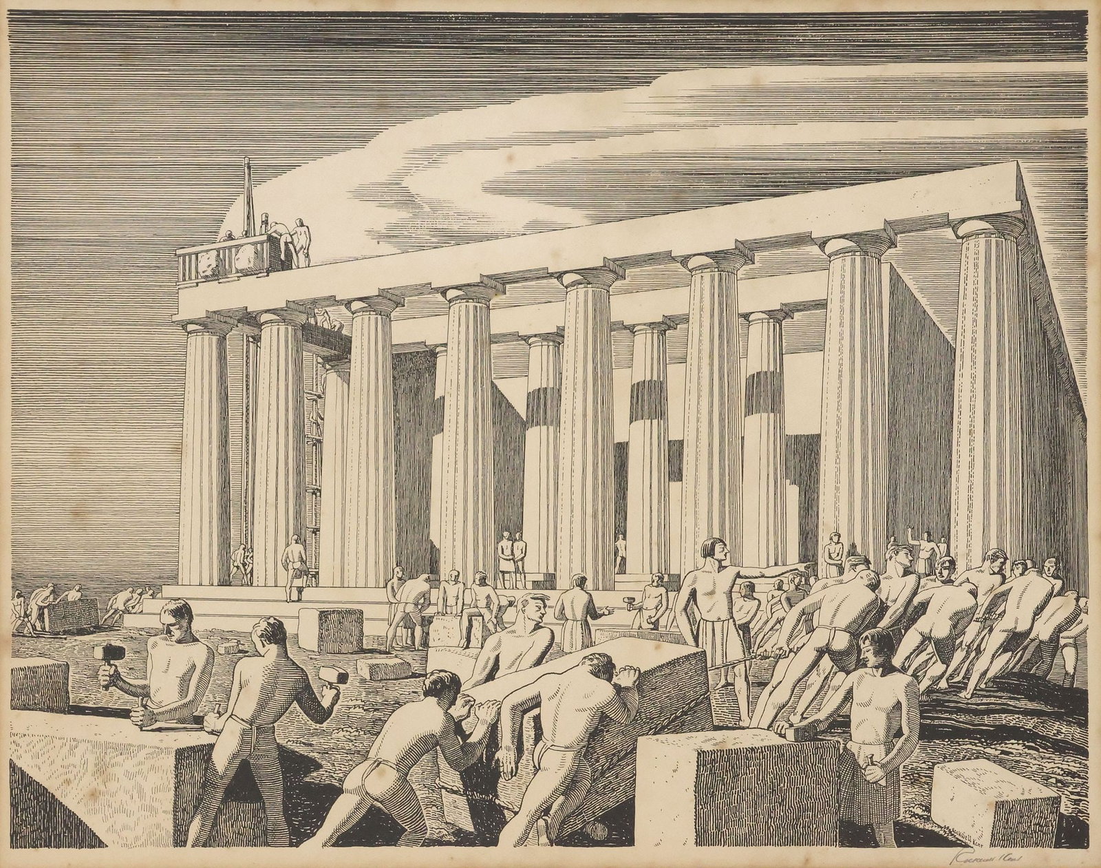 ROCKWELL KENT (AMERICAN, 1882-1971) WOOD ENGRAVING, BUILDING THE TEMPLE (1 of 4)