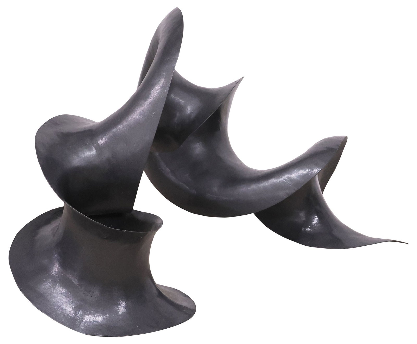 LARGE CONTEMPORARY STEEL ABSTRACT SPIRALED GARDEN ORNAMENT, 46"L: Contemporary steel garden sculpture, 21st c., in a metallic dark gray painted finish, in the form of an abstracted spiral, approx 25.5"h, 46"w, 18"d **Provenance: The estate of Dr. James M. Gray Jr. a