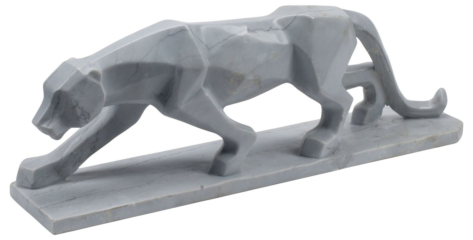 MODERNIST CARVED MARBLE SCULPTURE, STALKING PANTHER: Modernist carved marble sculpture, Stalking Panther, with angular features, standing atop integral rectangular platform, approx 8"h, 23.5"w, 5"d, 26.75lbs