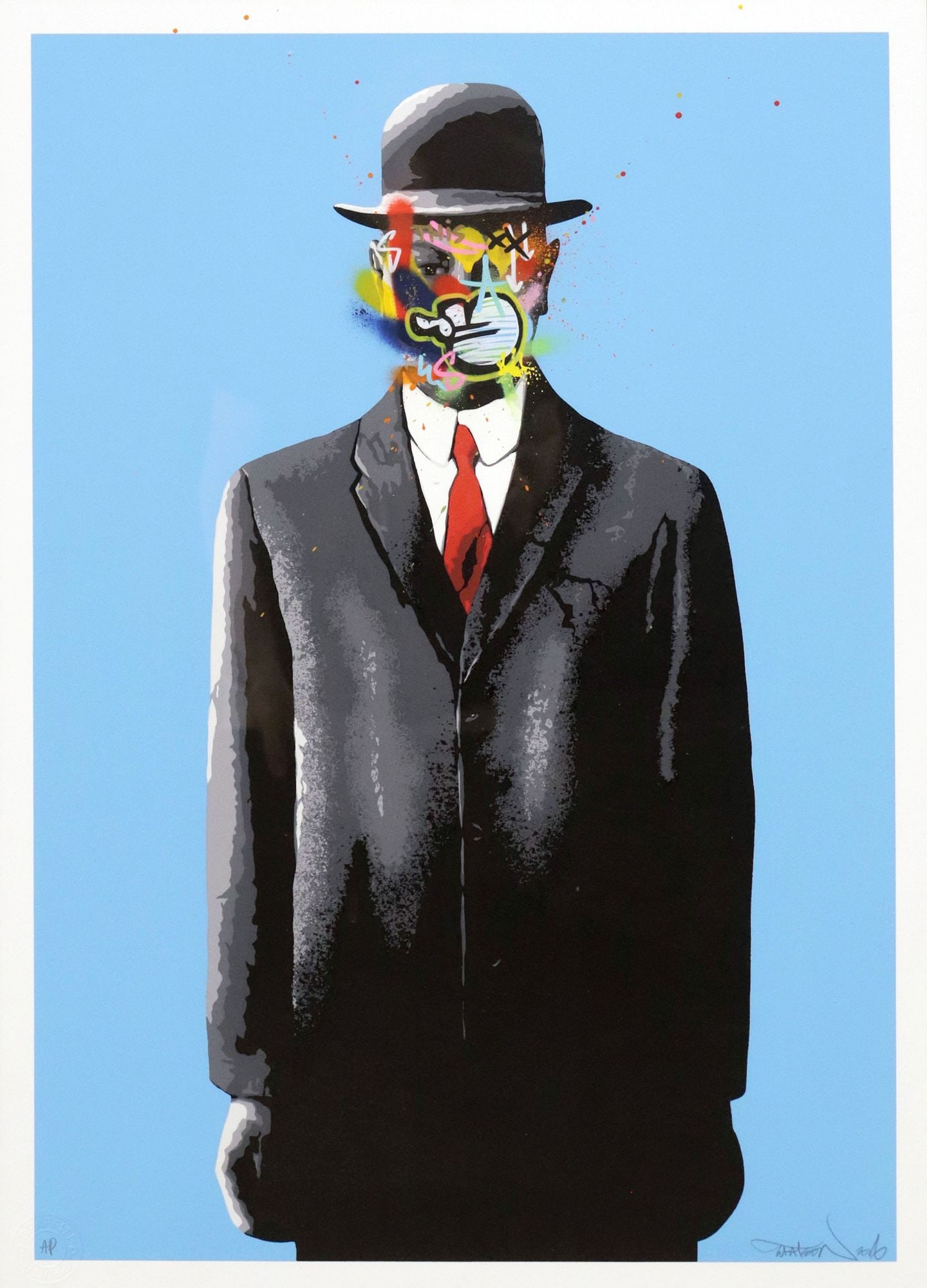 MARTIN WHATSON (B.1984) SCREENPRINT, SON OF MAN (BLUE), 27.5" X 19.5": Framed screenprint in colors with hand-embellishment on paper, Son of Man, pencil signed lower right Whatson (Martin Whatson, Norwegian, b.1984), dated 2013, not examined out of frame, sheet: approx 2