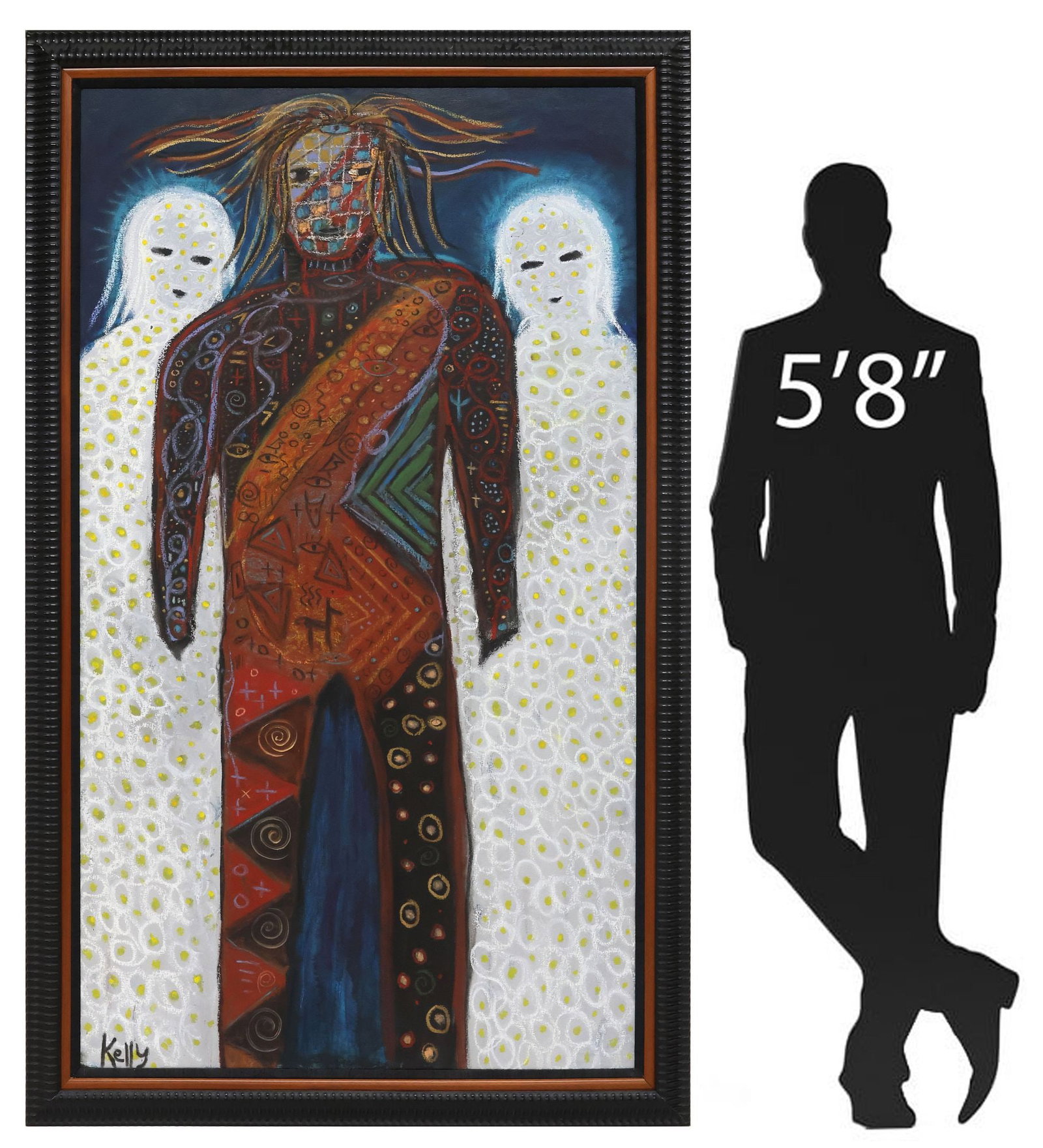 KELLY MOORE (B.1961) SOUTHWEST OUTSIDER ART PAINTING, FIGURE & SPIRITS, 69": Framed oil on canvas painting, Figure and Two Spirits, signed lower left Kelly (Kelly Moore, active: New Mexico, b. 1961), inscribed verso "To Barbara and Jeffery with Love", sight: approx "h, 39.25"w