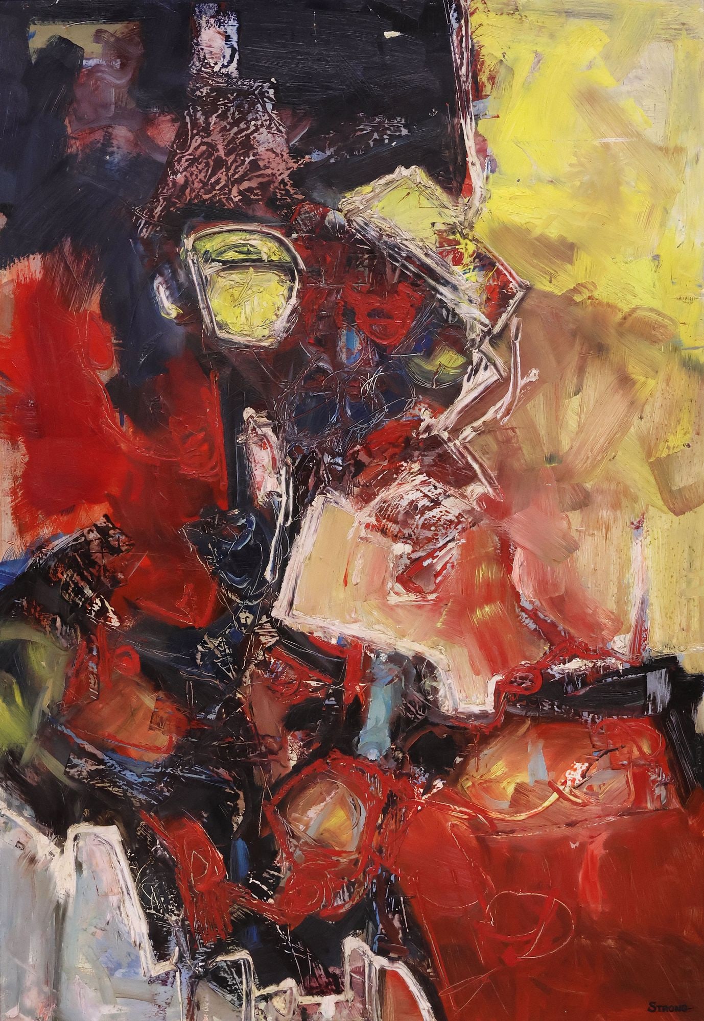 SIGNED STRONG (20TH C.) OIL PAINTING, ABSTRACT PORTRAIT, 40" X 28": Framed oil on board painting, Abstract Composition with Portrait, signed lower right Strong, possibly Richard Strong (Texas, 1942-1975), secondary drawings signed S.L. Hodges verso, sight: approx 39.7
