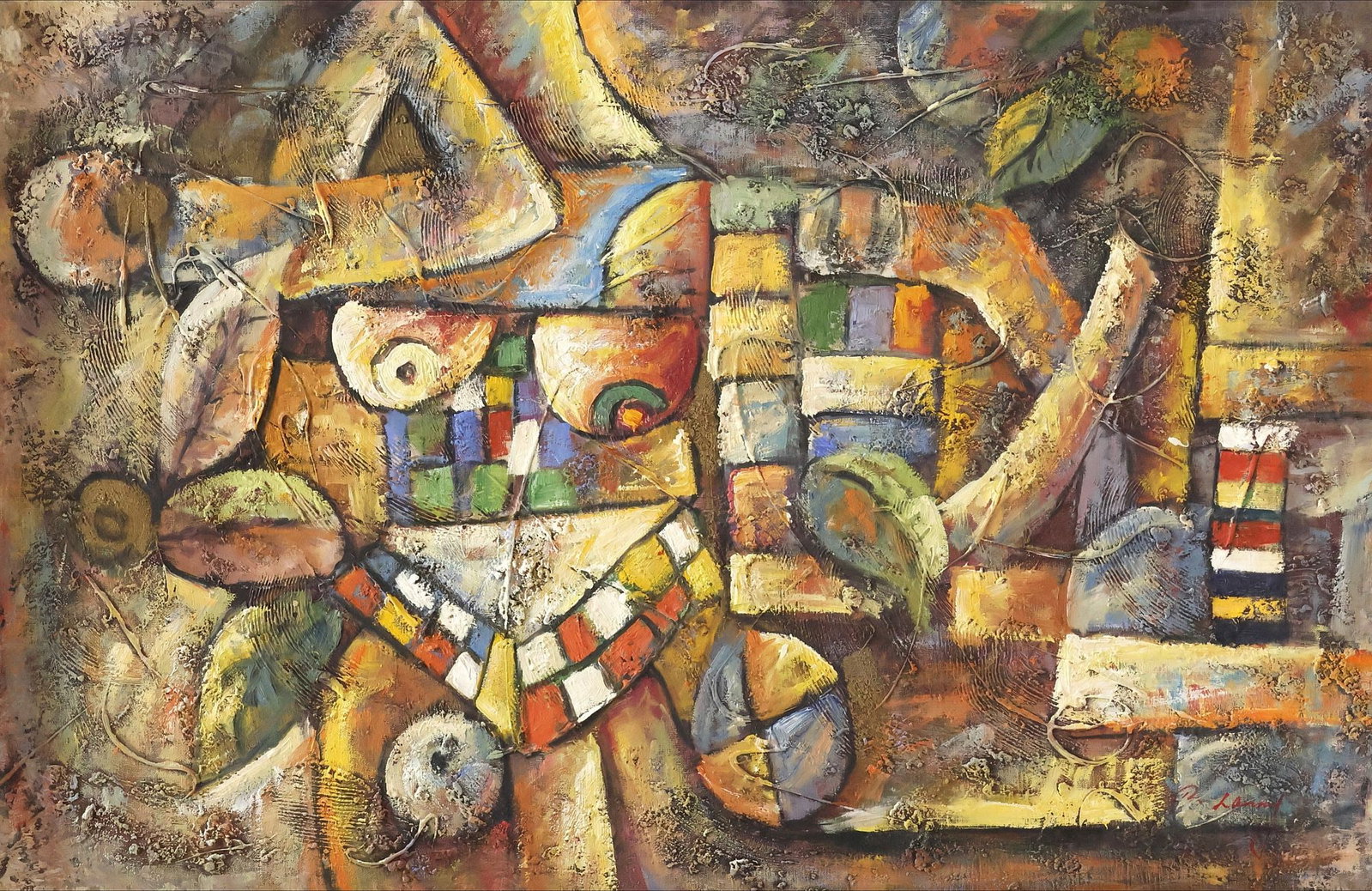 SIGNED R. LANNY OIL PAINTING, FIGURAL CUBIST COMPOSITION, 24" X 36" (1 of 4)
