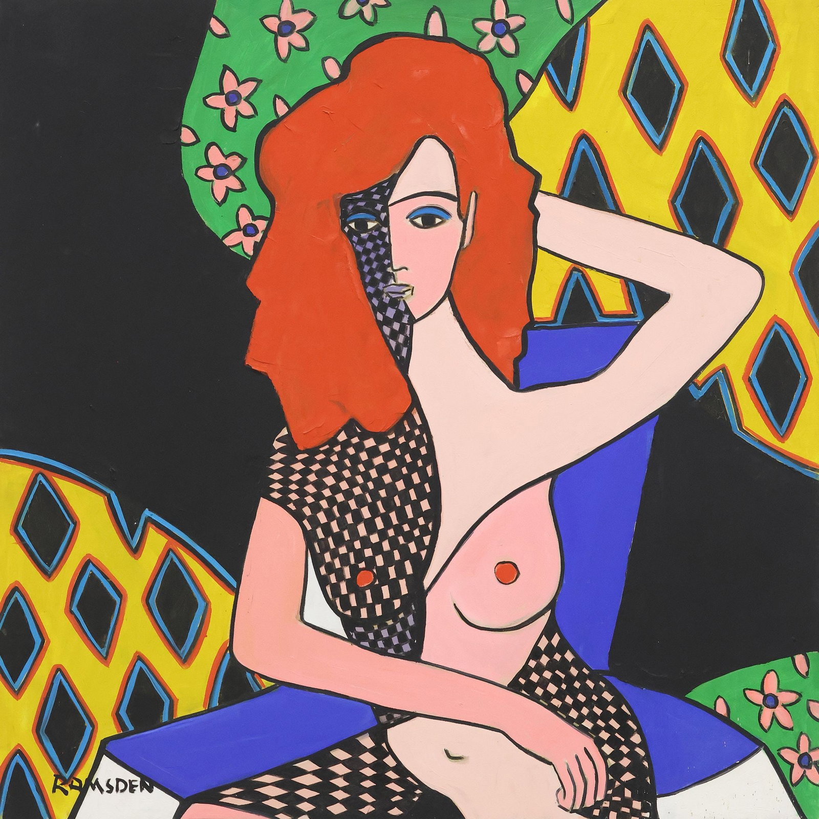 SIGNED RAMSDEN (20TH C.) POP ART PAINTING, SEATED WOMAN, 40" X 40": Gallery-wrapped acrylic on canvas painting, Pop Art Woman, signed lower left Ramsden (20th c.), approx 40"h, 40"w, 9.5lbs