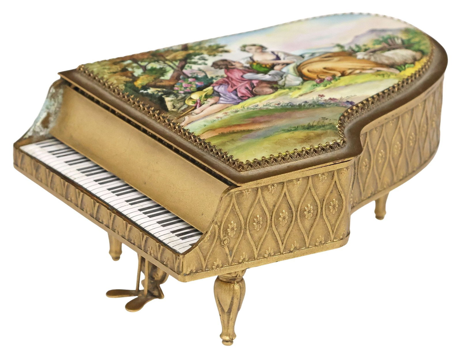 VIENNESE PAINTED ENAMEL & GILT-METAL GRAND PIANO-FORM MUSIC BOX: Austrian Viennese enamel and gilt-metal music box, early 20th c., in the form of a miniature grand piano, depicting amorous couples and scenes of courtship in pastoral landscapes, hinged lid with prop