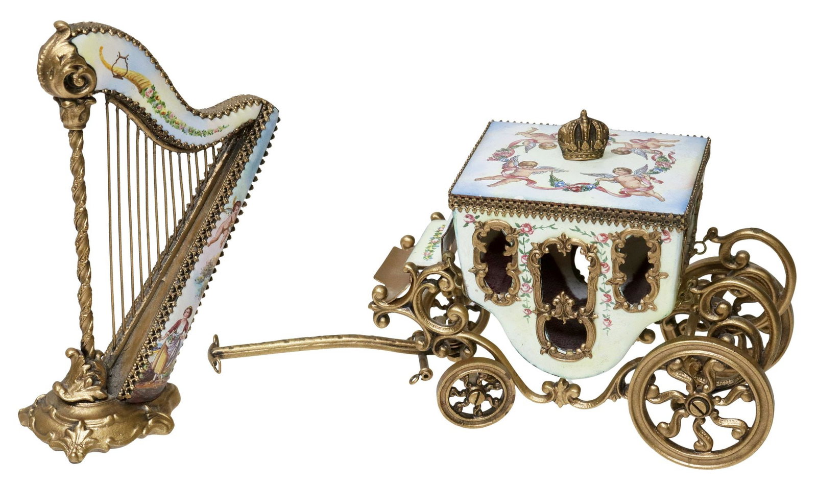 (2) VIENNESE PAINTED ENAMEL & GILT-METAL MINIATURE HARP & CARRIAGE: (lot of 2) Austrian Viennese enamel and gilt-metal miniatures, early 20th c., including: (1) carriage, with crown finial and painted winged cherubs, rotating wheels, approx 4"h, 7"w, 2.5"d; (1) harp, 