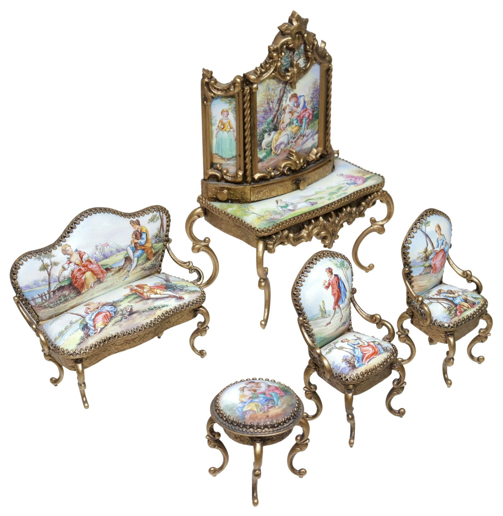 (5) VIENNESE LOUIS XV STYLE ENAMEL & GILT-METAL MINIATURE SALON SET: (lot of 5) Austrian Viennese Louis XV style enamel and gilt-metal miniature salon set, early 20th c., each with painted scenes of amorous couples and courtship in pastoral landscapes, including: (1) b