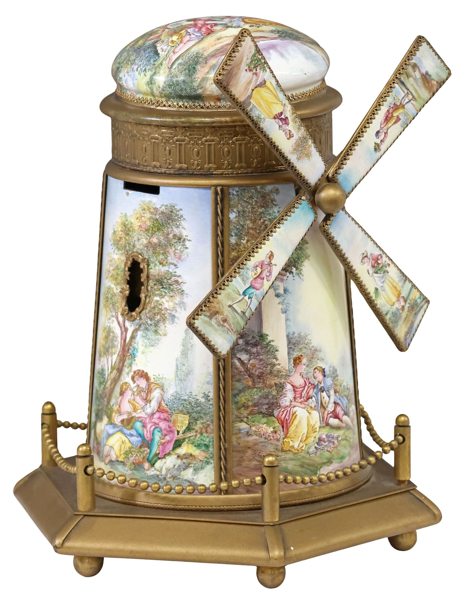 VIENNESE PAINTED ENAMEL & GILT-METAL WINDMILL-FORM MUSIC BOX (1 of 8)