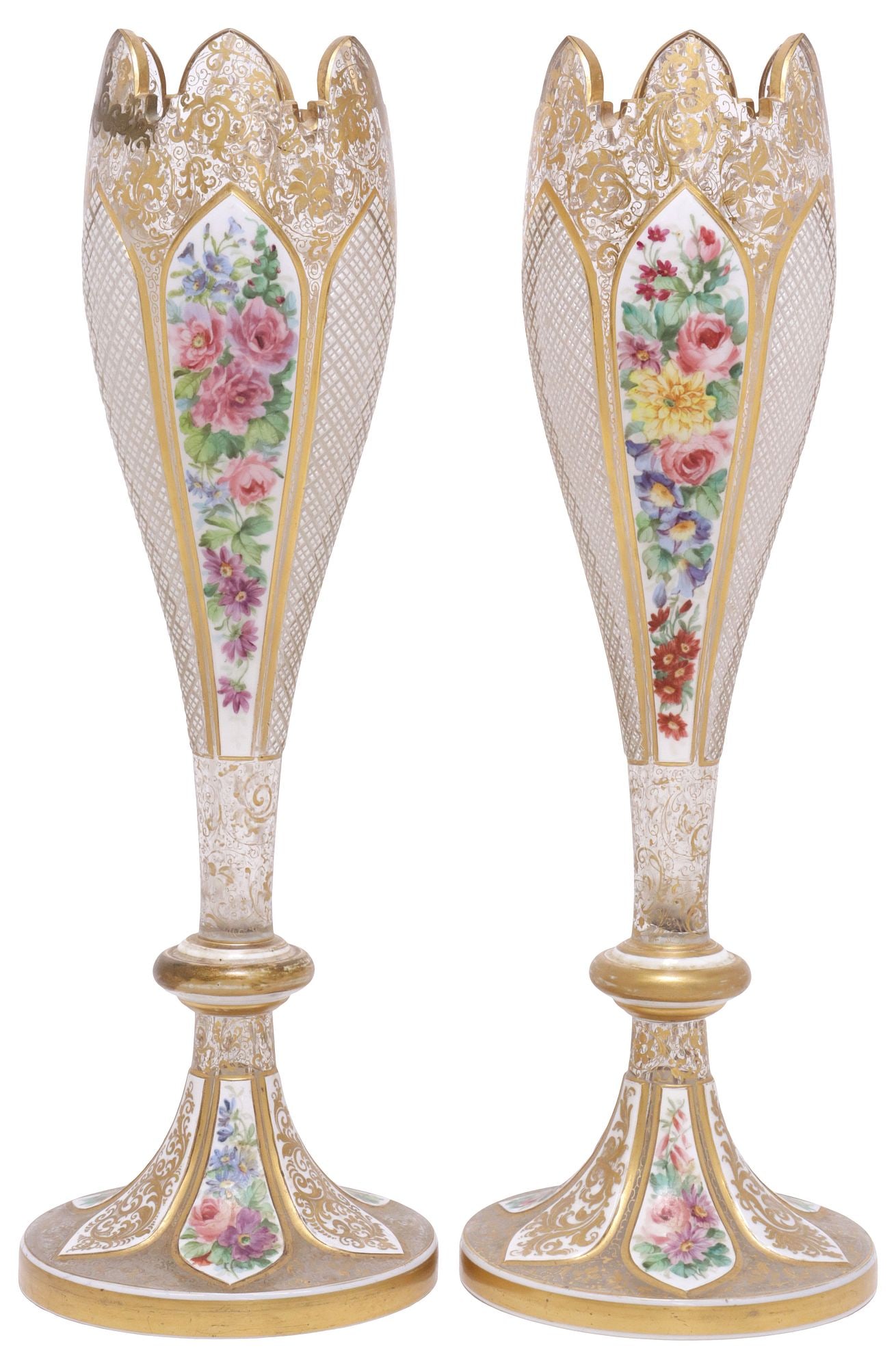 (2) BOHEMIAN PARCEL-GILT & HAND-PAINTED FLORAL OVERLAY GLASS VASES (1 of 7)