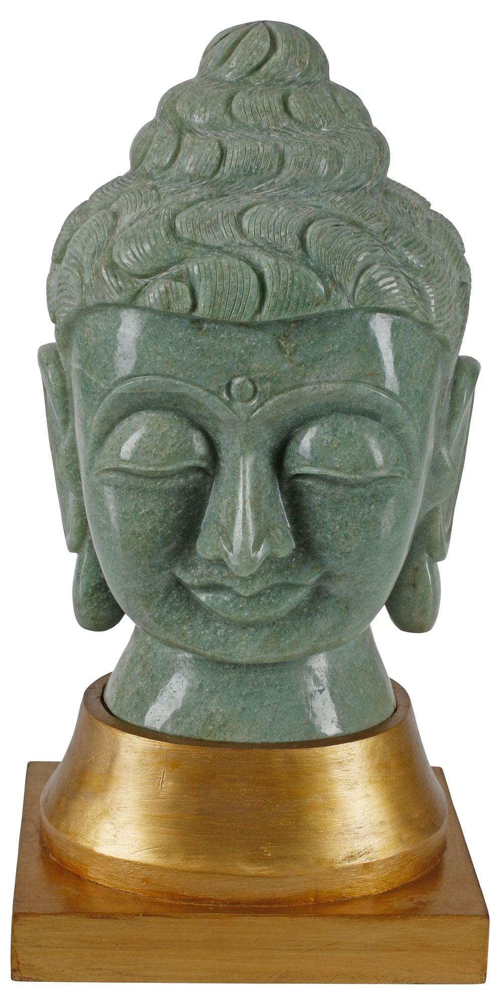 CARVED AVENTURINE HEAD OF THE BUDDHA ON GILTWOOD STAND, 20.5"H: Carved aventurine specimen sculpture, Head of the Buddha, on a giltwood base, head only: approx 15"h, 9.5"w, 6.5"d, overall: approx 20.5"h, 10.5"w, 8.5"d, 52.75lbs total