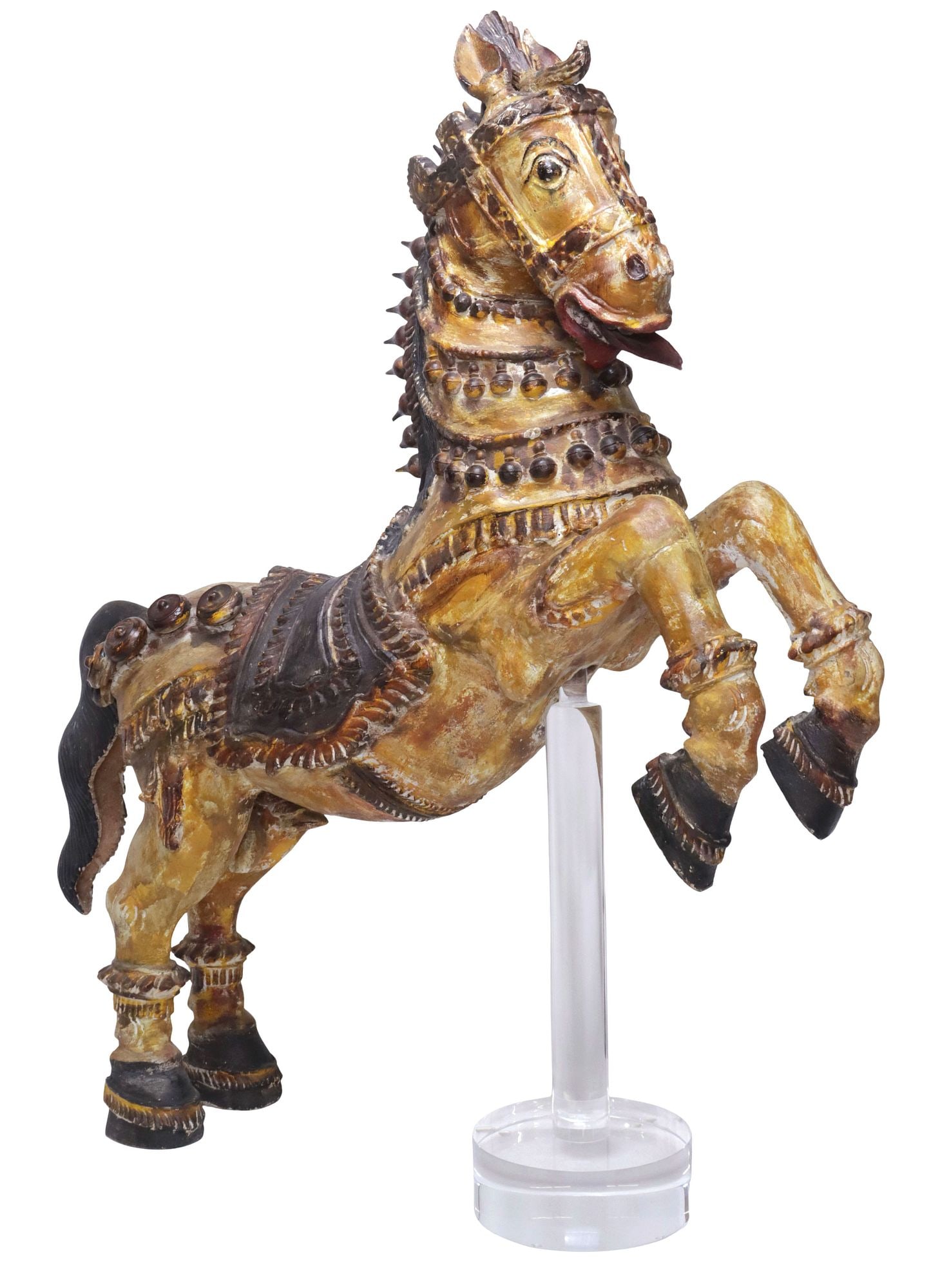 LARGE CARVED & POLYCHROME PAINTED TEMPLE HORSE SCULPTURE, INDIA, 31"H (1 of 6)