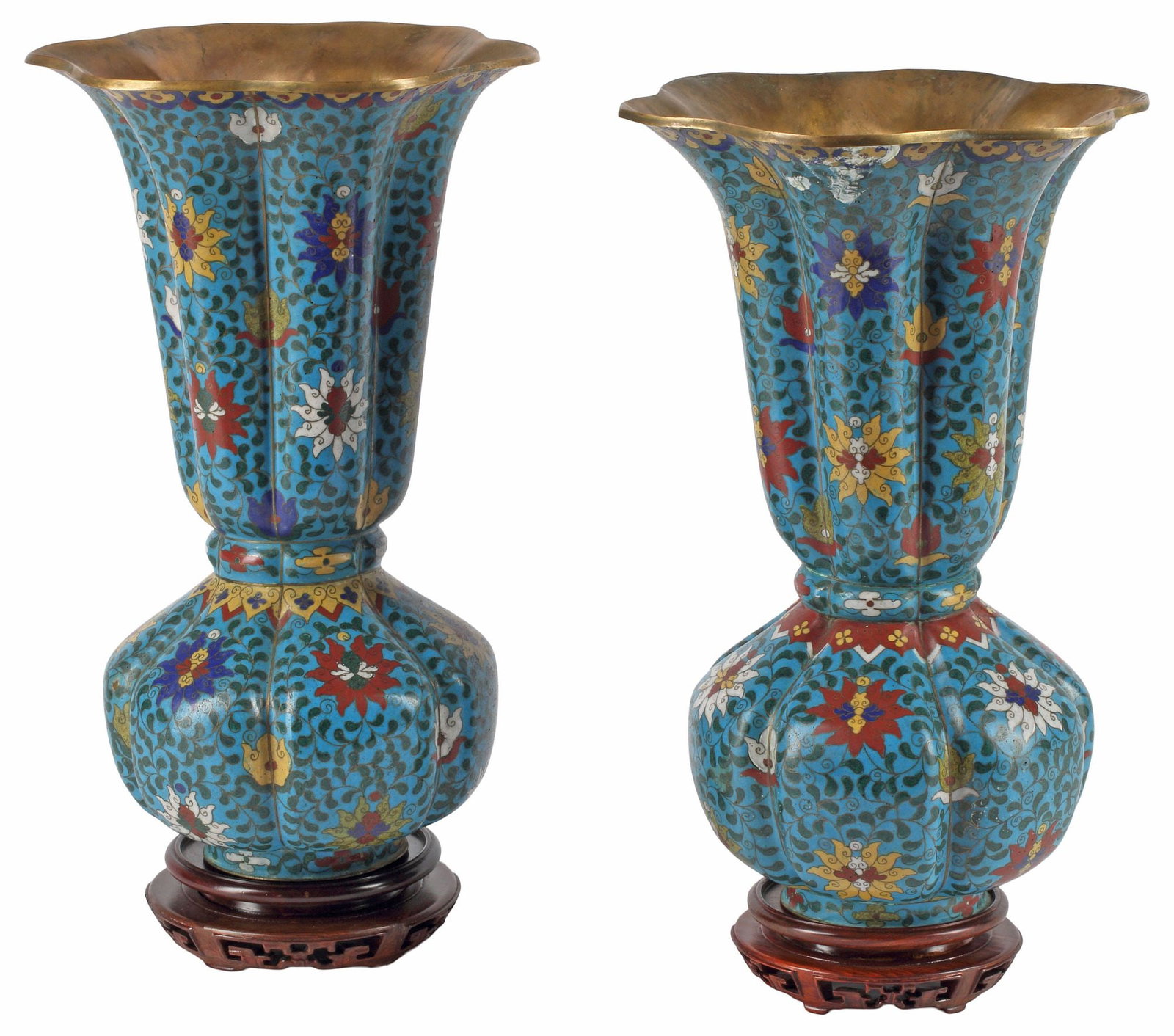 (2) CHINESE CLOISONNE ENAMEL FLUTED VASES ON WOOD STANDS (1 of 6)